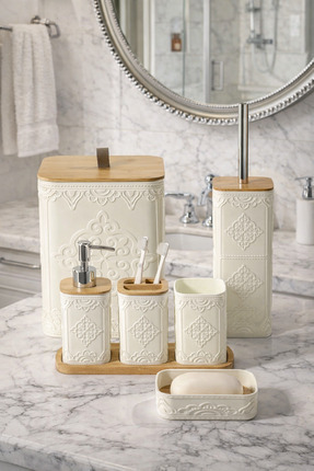 MAKRİ HOME 7 Parça Desenli Kare Bambu Kapaklı Beyaz Banyo Seti, Hacim: 8 litre