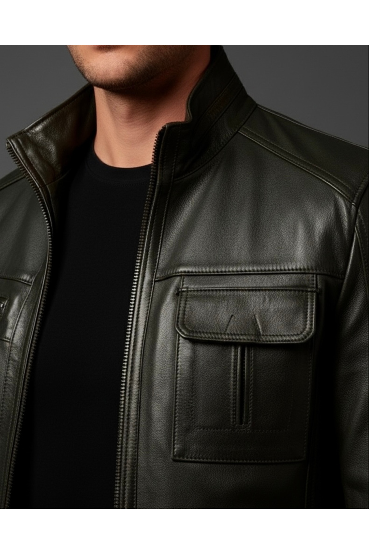 SAVARA  Erkek dik yaka koyu yeşil hakiki deri mont regular kalıp %100 orginal - Görsel 2