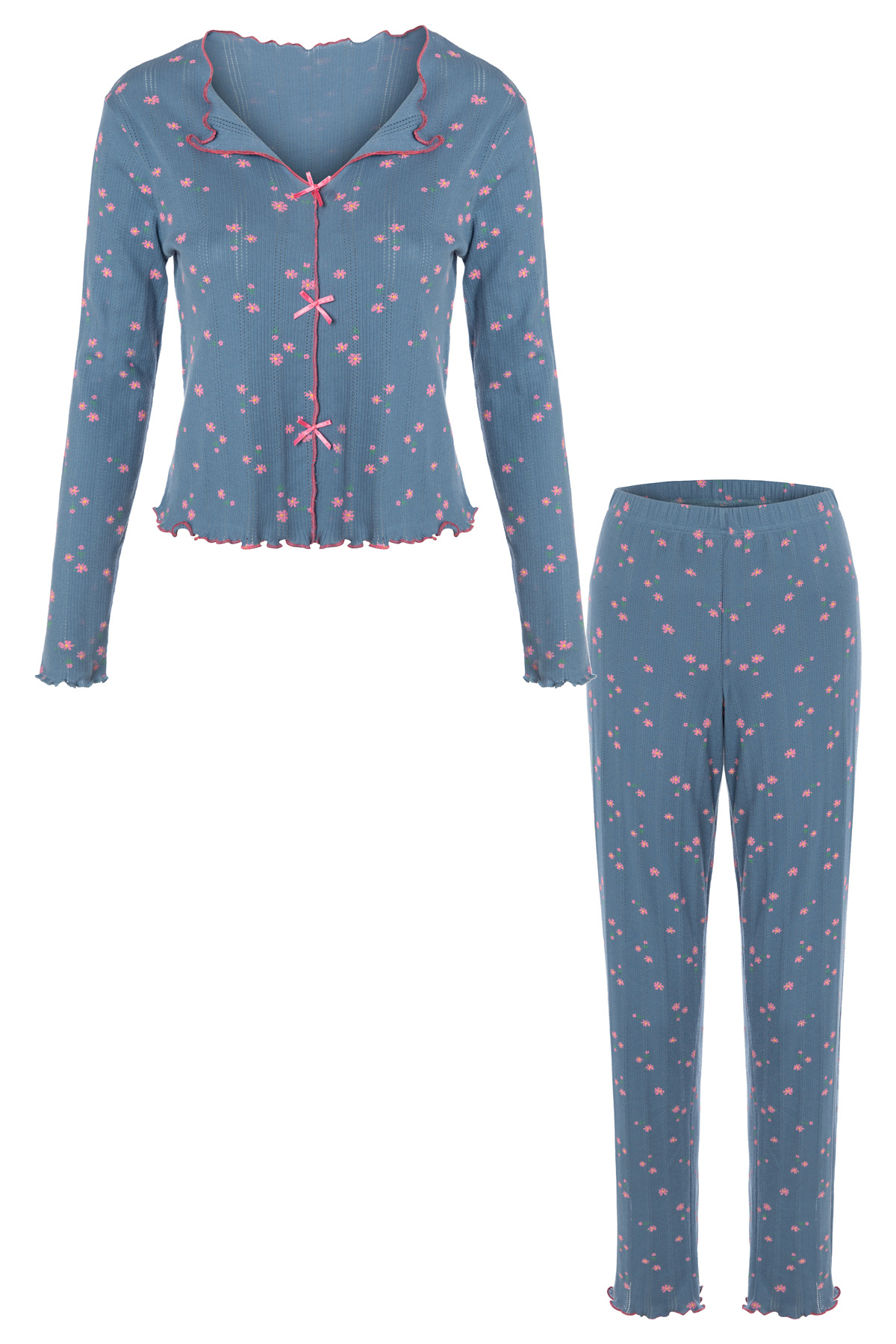 koza iç giyim Kadın Pamuklu Çıtır Çiçek Desenli Baby Overloklu Fiyonklu Uzun Kollu Pijama Takımı görsel 5