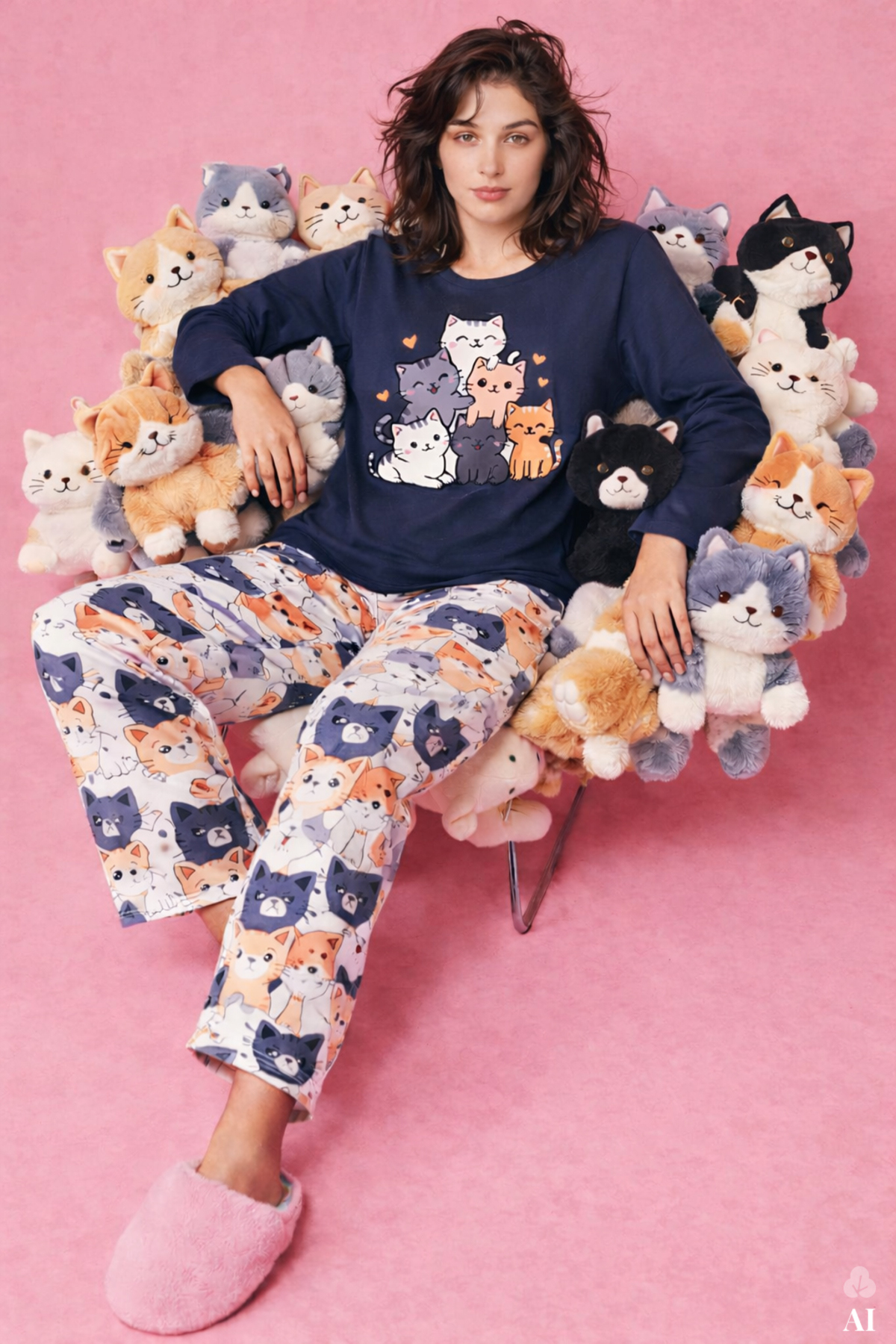 koza iç giyim Kadın Gri Pamuklu Kedili Örme Pijama Takımı
