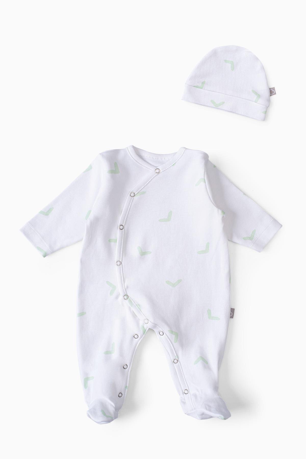 Baby Footed Romper Hat Set White Pattern