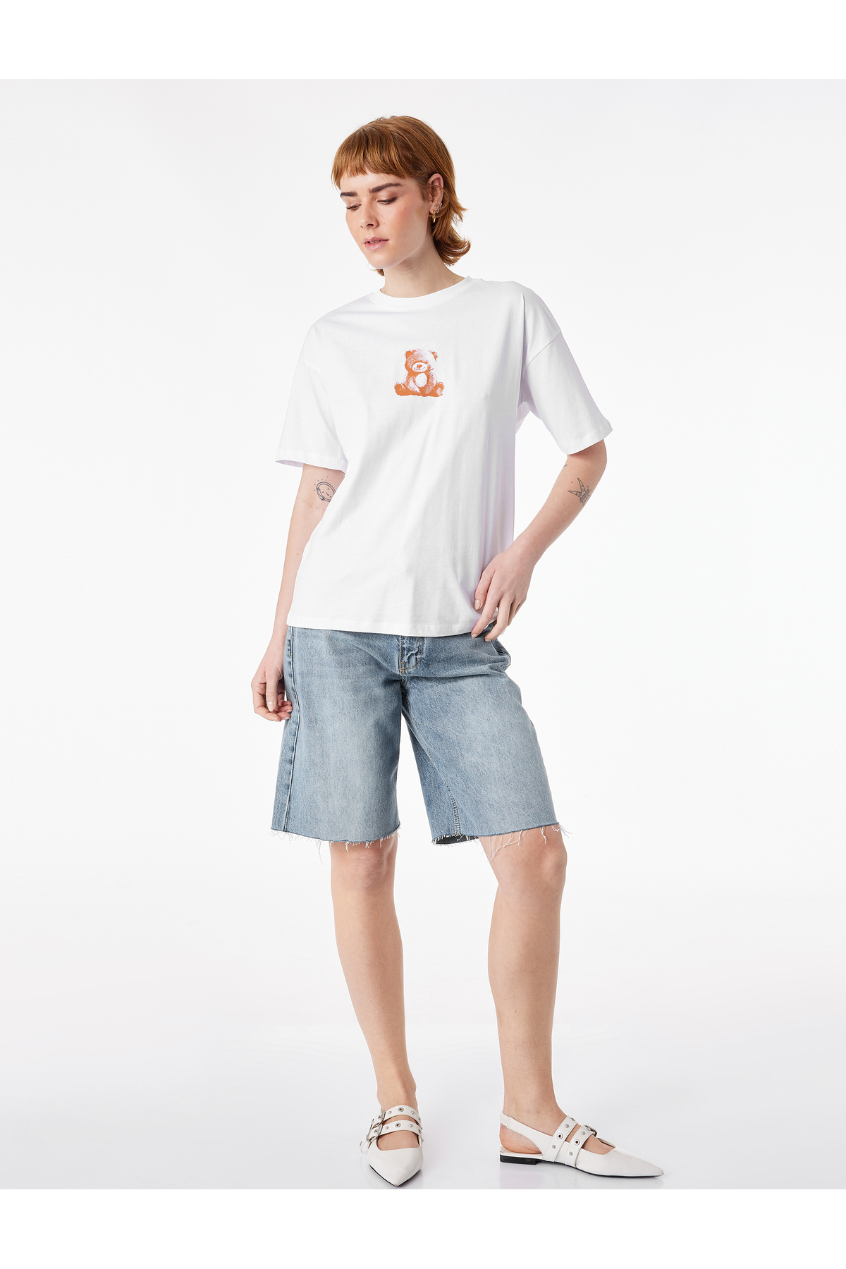 Koton Comfortable Fit Short Sleeve Crew Neck Cotton Teddy Bear T-Shirt with Printed Back