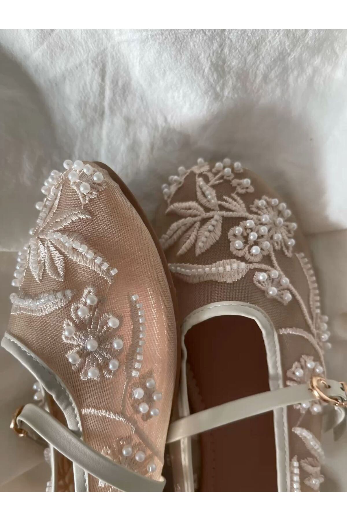 StWenn  İncili Bej File Nakış Ve Boncuk Detaylı Yuvarlak Burun Lüks Şık Ortopedik Hafif Taban Kadın Babet - Görsel 2