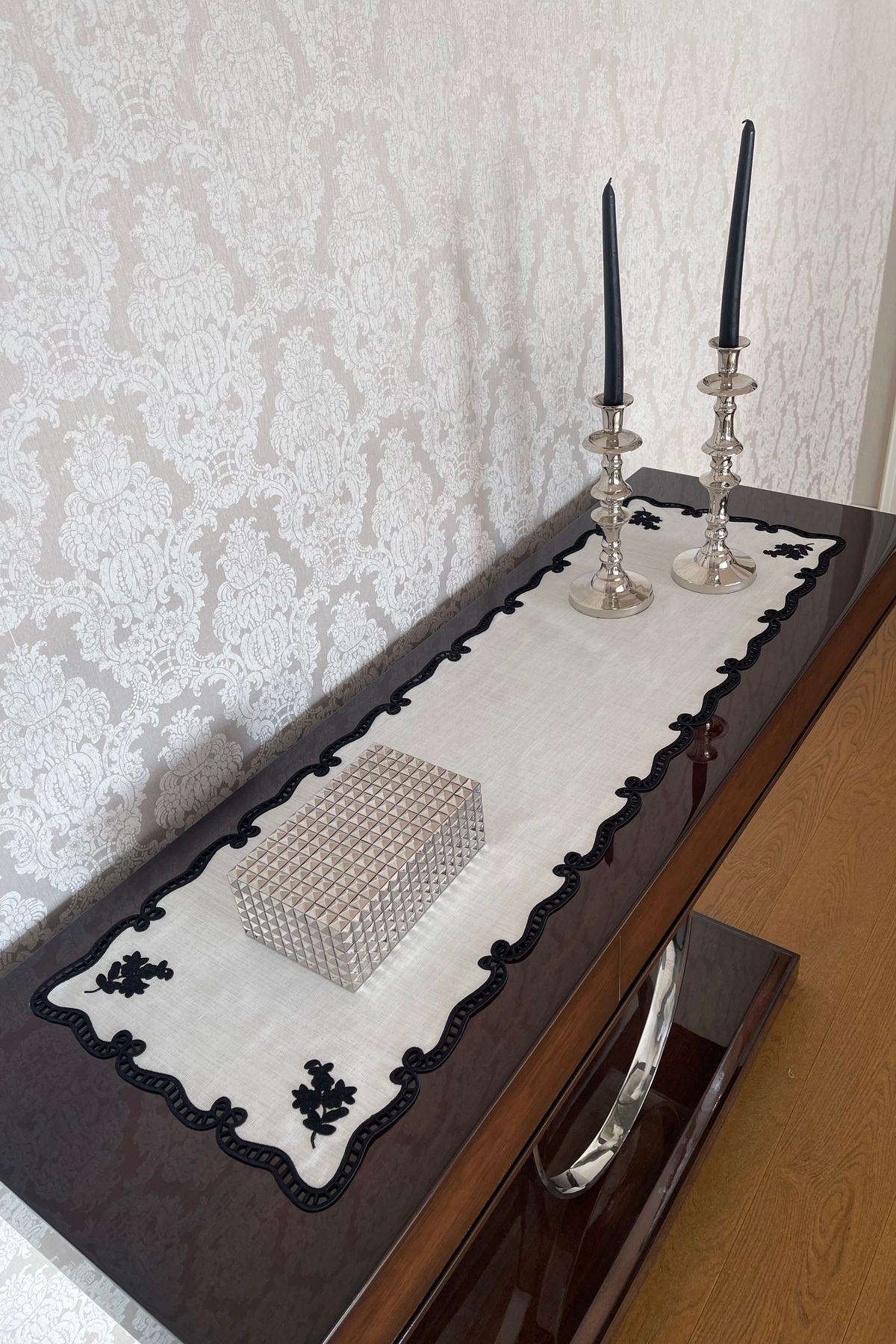 Hole Console Cover & Runner. Value Model. Black Embroidery. 35 x 115 cm