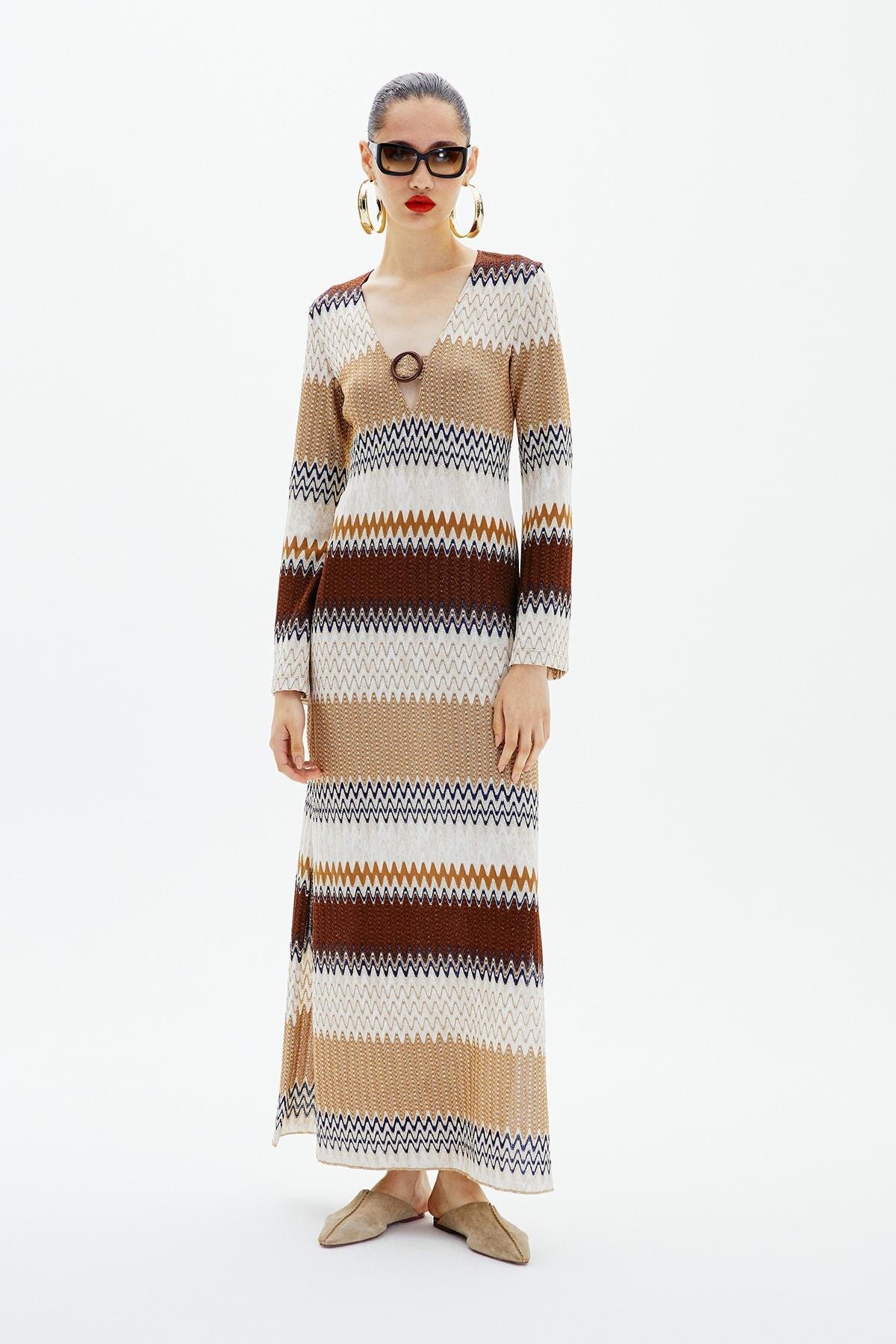Multicolor Zigzag Patterned Brown Dress