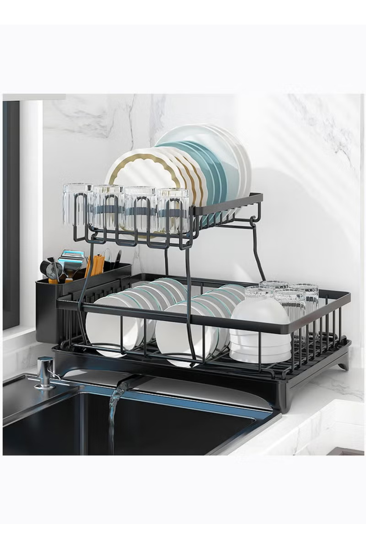 رف أطباق معدني مزدوج الطبقات مع لوح تصريف وسجادة ت...