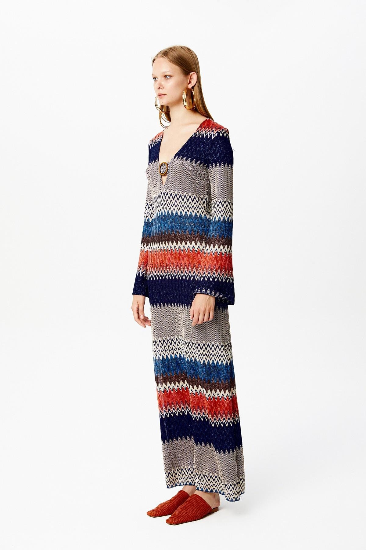 Multicolor Zigzag Patterned Navy Blue Dress
