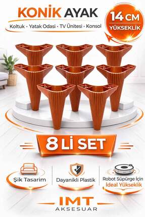 İMT AKSESUAR Konik 14 cm Ceviz 8 Adet Mobilya Ayağı Robot Süpürgeye Uyumlu Ko...