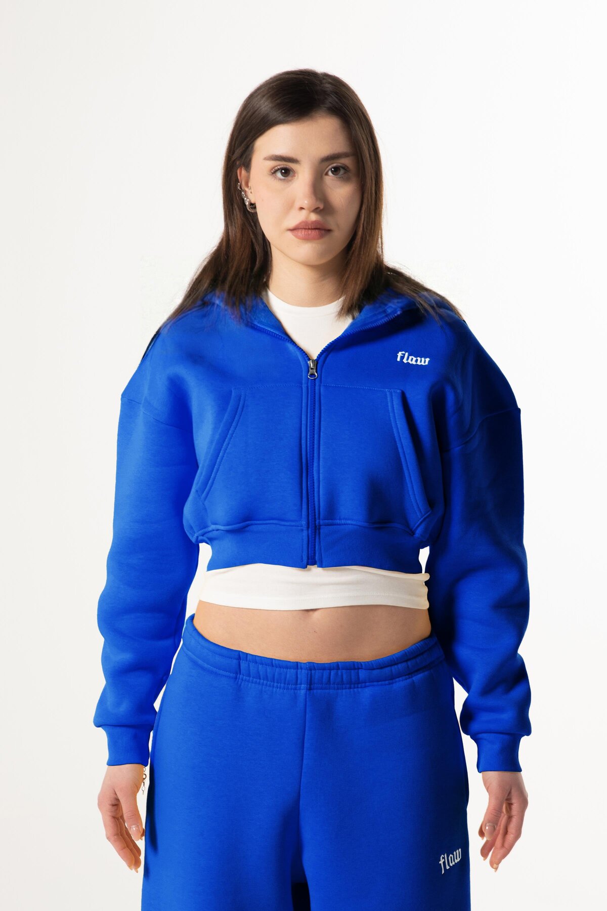 Flaw Wear  Flaw Nakışlı Saks Mavi Zip Crop