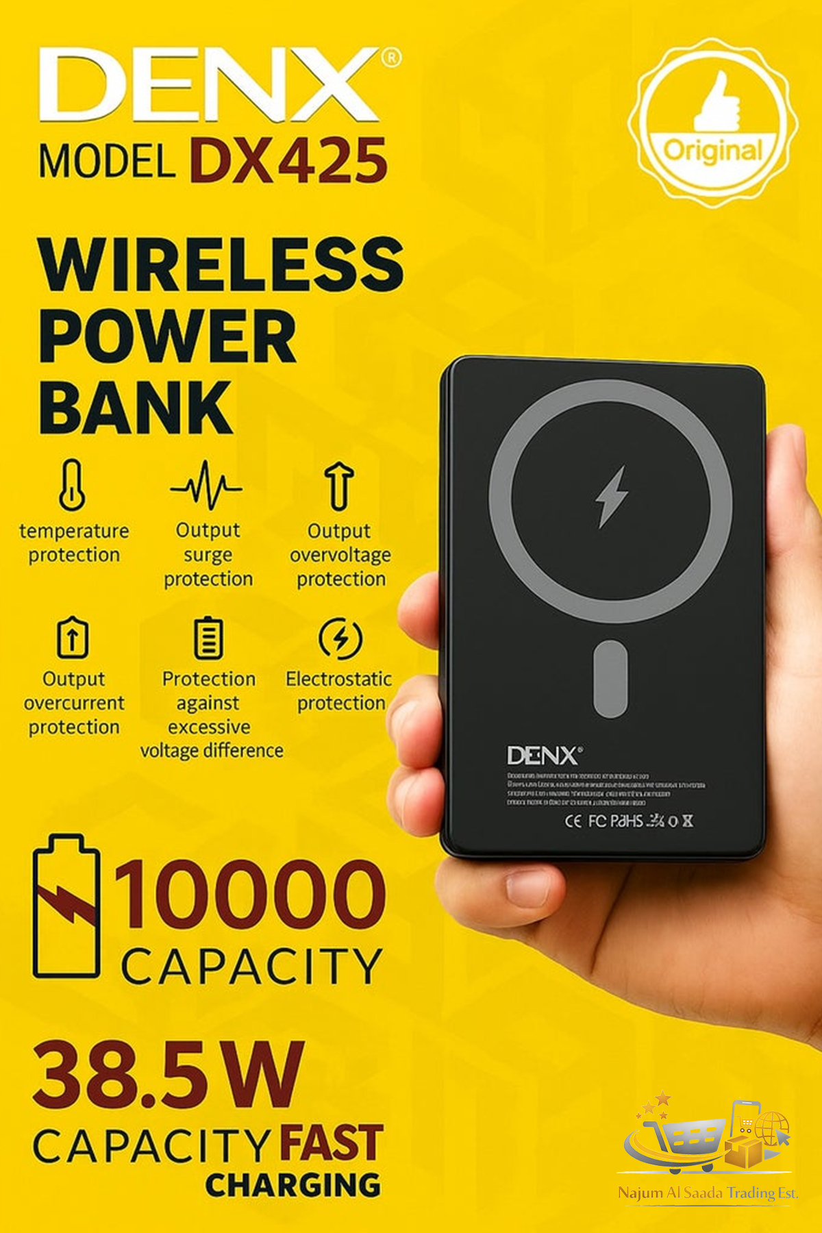 بنك طاقة لاسلكي DENX بسعة 10000 مللي أمبير، شحن سريع 38.5 واط، متوافق مع الشحن اللاسلكي المغناطيسي، DX425