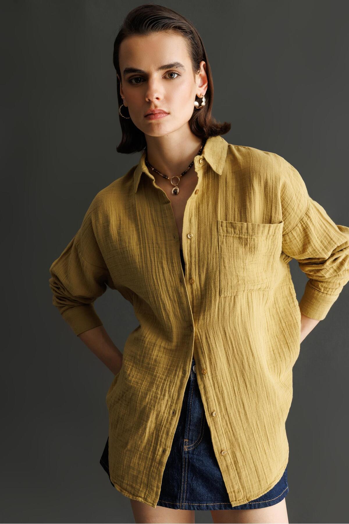 Mixray  3833 Kadın Oversize Cepli Müslin Gömlek Yağ Yeşili - Görsel 2