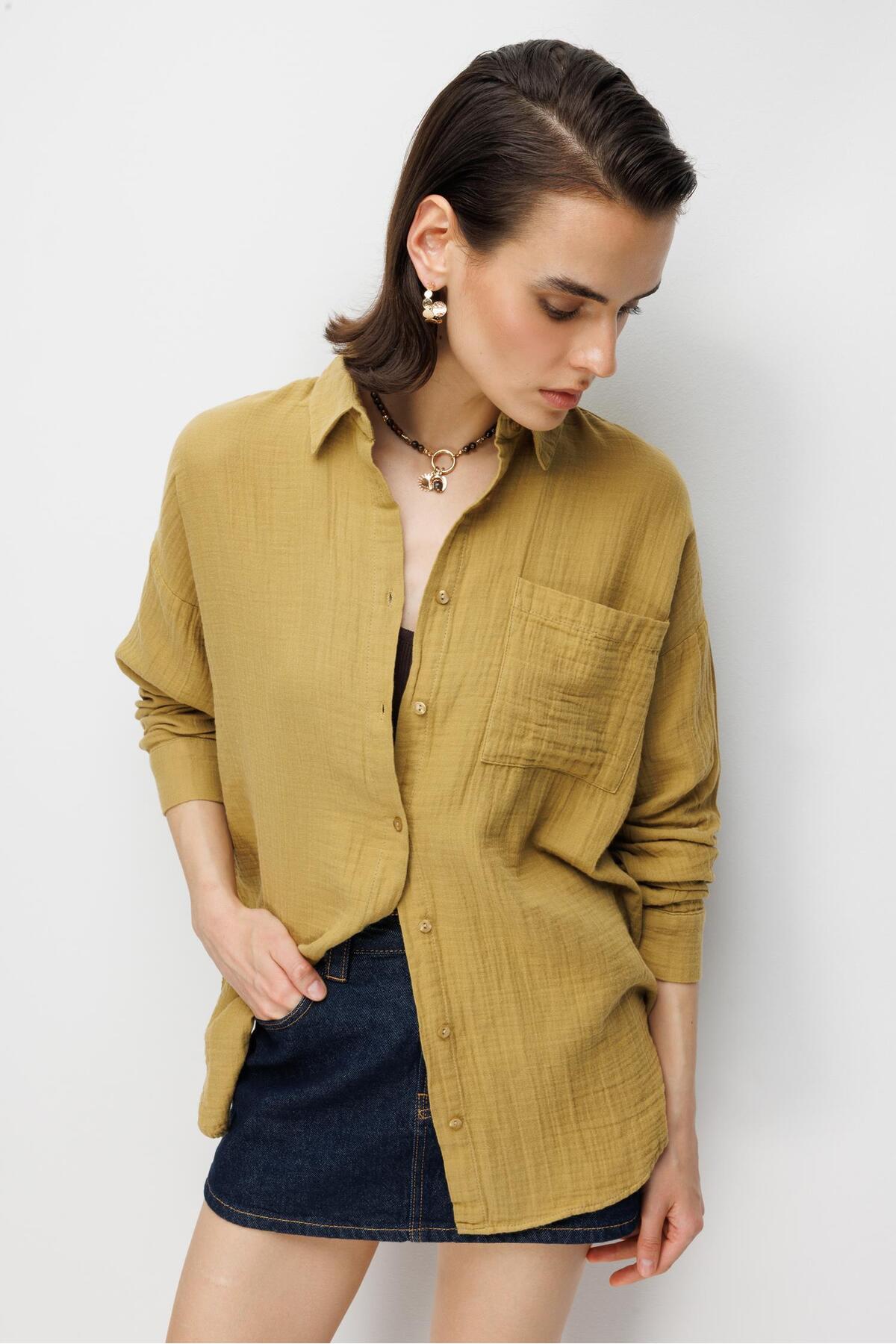 Mixray  3833 Kadın Oversize Cepli Müslin Gömlek Yağ Yeşili - Görsel 5