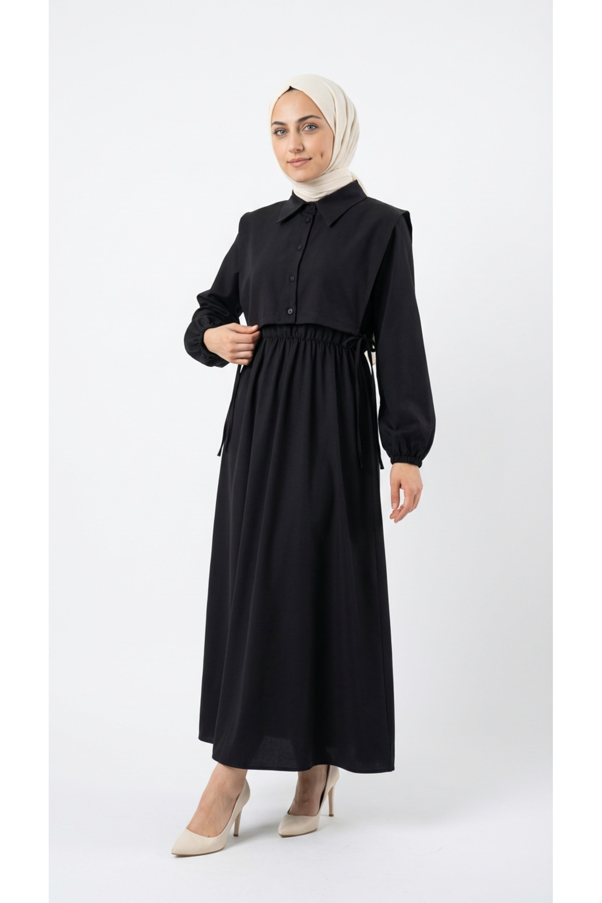 Women's Hijab Bolero Dress - Elastic Waist Vest Dabal Dress-mf1750 Black