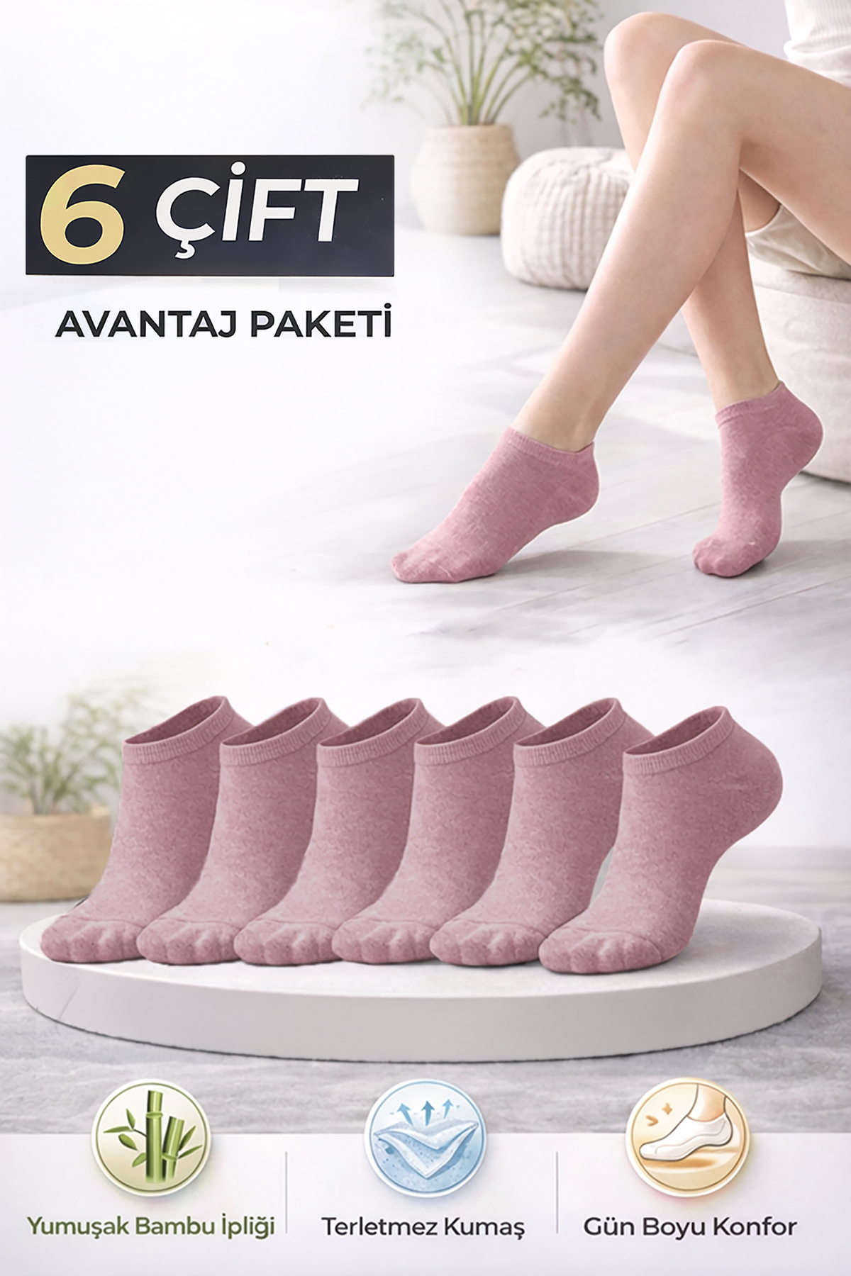 Women's Bamboo Booties Socks 6-Pack 725 Dusty Roses