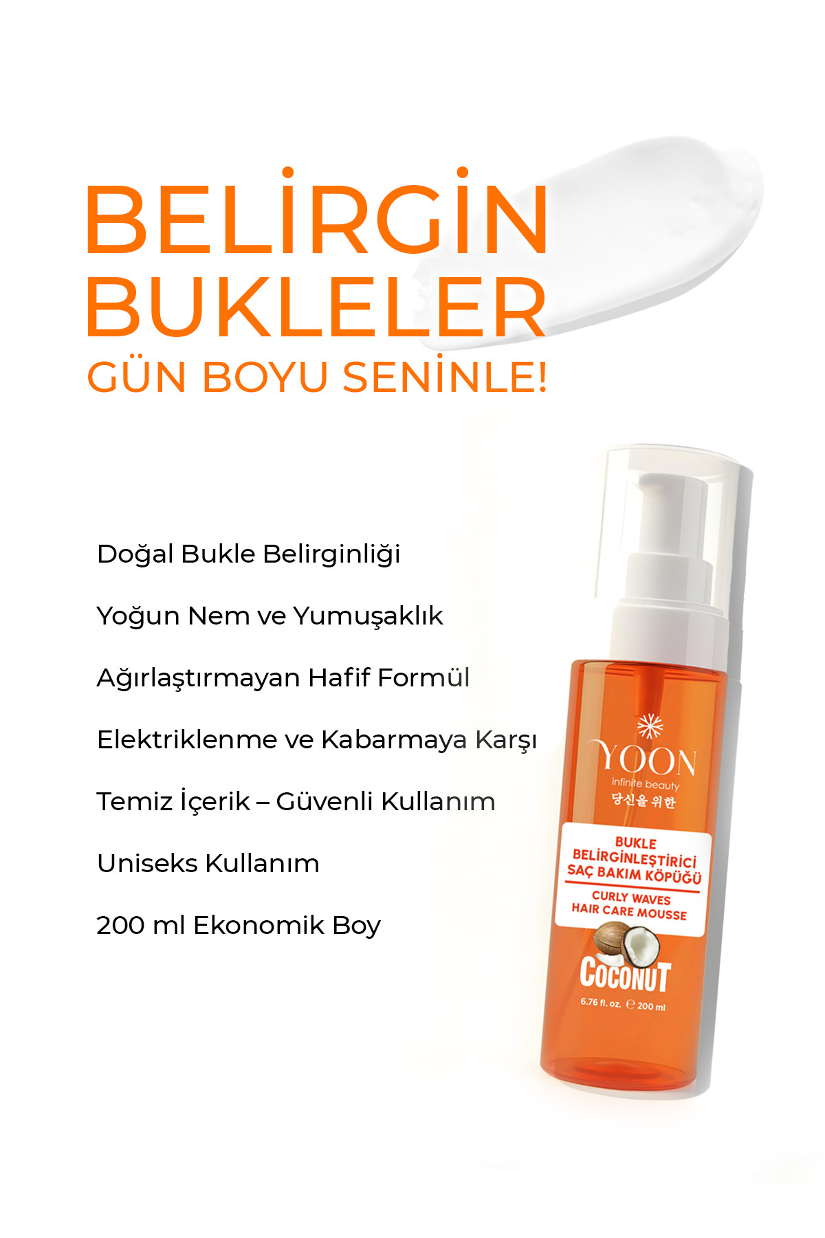 Bukle Belirginleştirici Saç Köpüğü 200 ml – Hindistan Cevizi Özlü, Paraben, SLS ve Silikon İçermez — Y-841 — تصویر 4 از 7