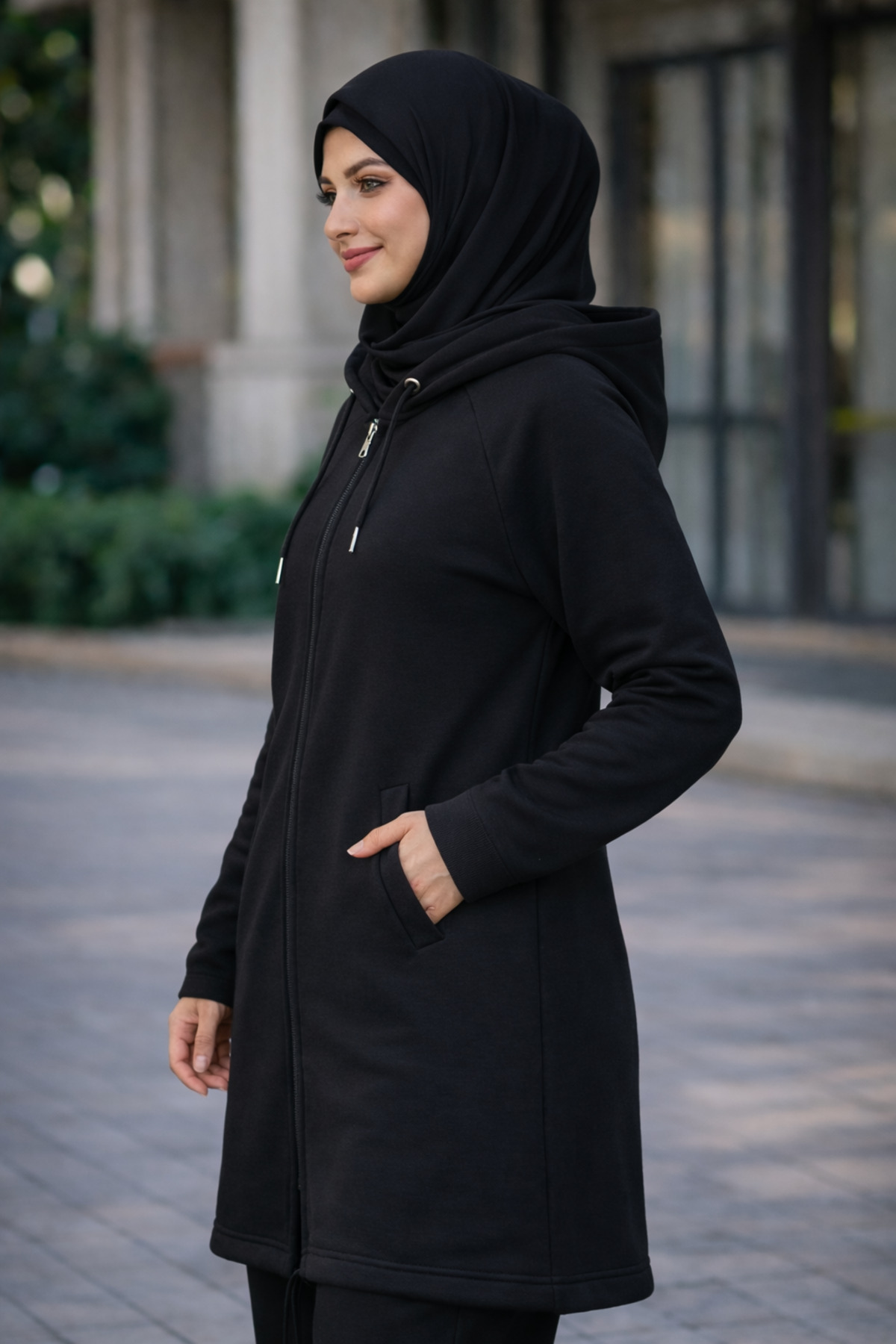 Cananca Tekstil Tesettür Kapüşonlu Fermuarlı Sweatshirt, Uzun Tunik Form, Cepli, Günlük ve Spor Kullanım görsel 2