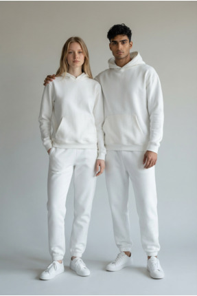 MGTEKSTİL BEYAZ UNİSEX KAPÜŞONLU EŞOFMAN TAKIMI 3 İPLİK