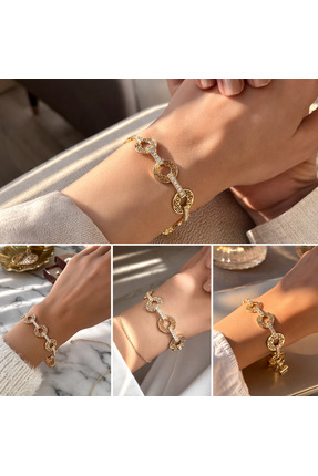 Liva Group Atelier 14K Altın Kaplama Zirkon Taşlı Bileklik Halka Desenli