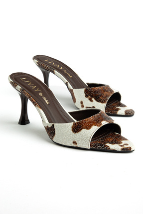 halabi moda Kadın Kahve Desenli Sivri Burunlu Kısa Topuklu Sandalet