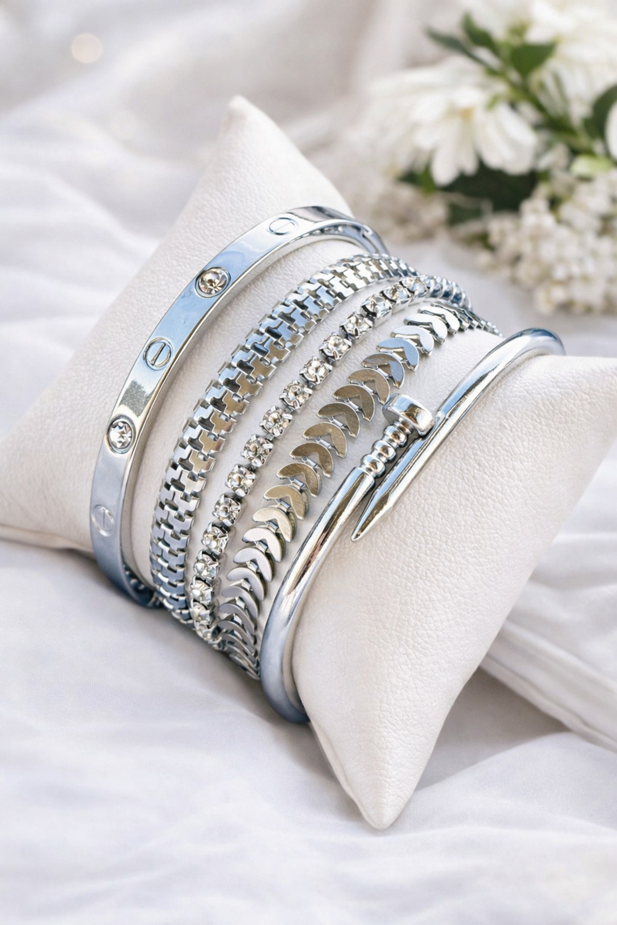 Silver 5-Piece Zircon Stone & Waterway Women's Bracelet Set