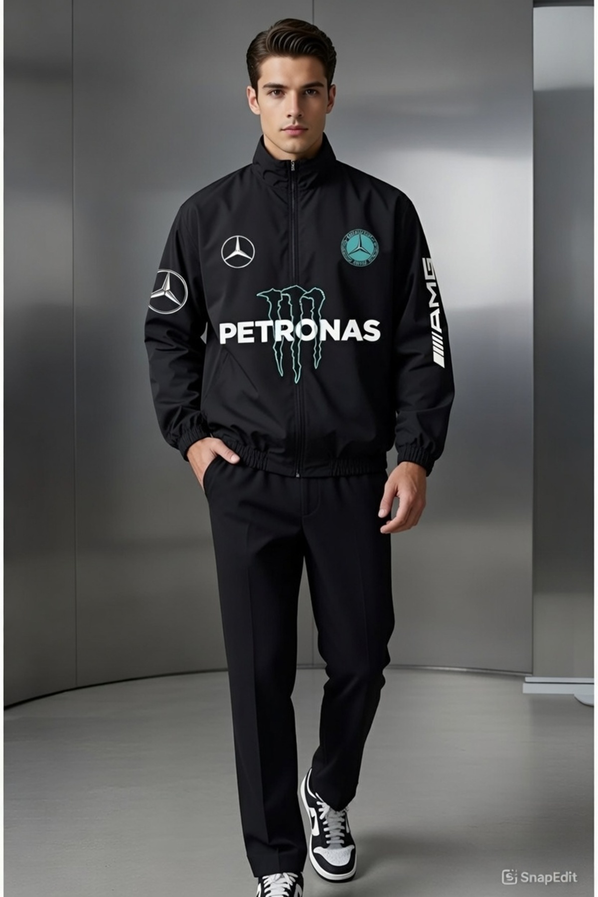 Lushen Mercedes Unisex Paraşüt Kumaş Oversize Dijital Baskılı Siyah Rüzgarlık Yağmurluk İnce Ceket görsel 2