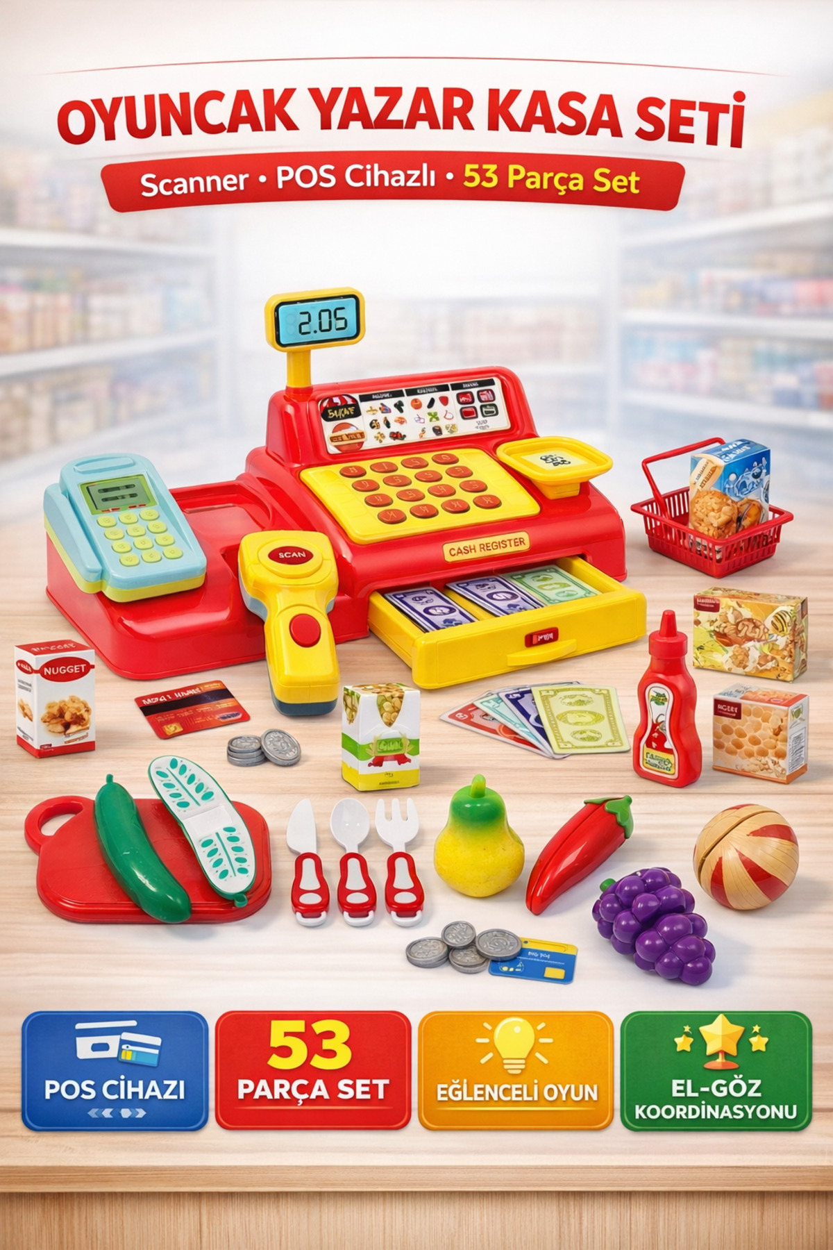 Joy Market Cash Register 43 Pieces- 10 Pieces Cutting Fruit and Vegetable Total 53 Pieces Set of 2