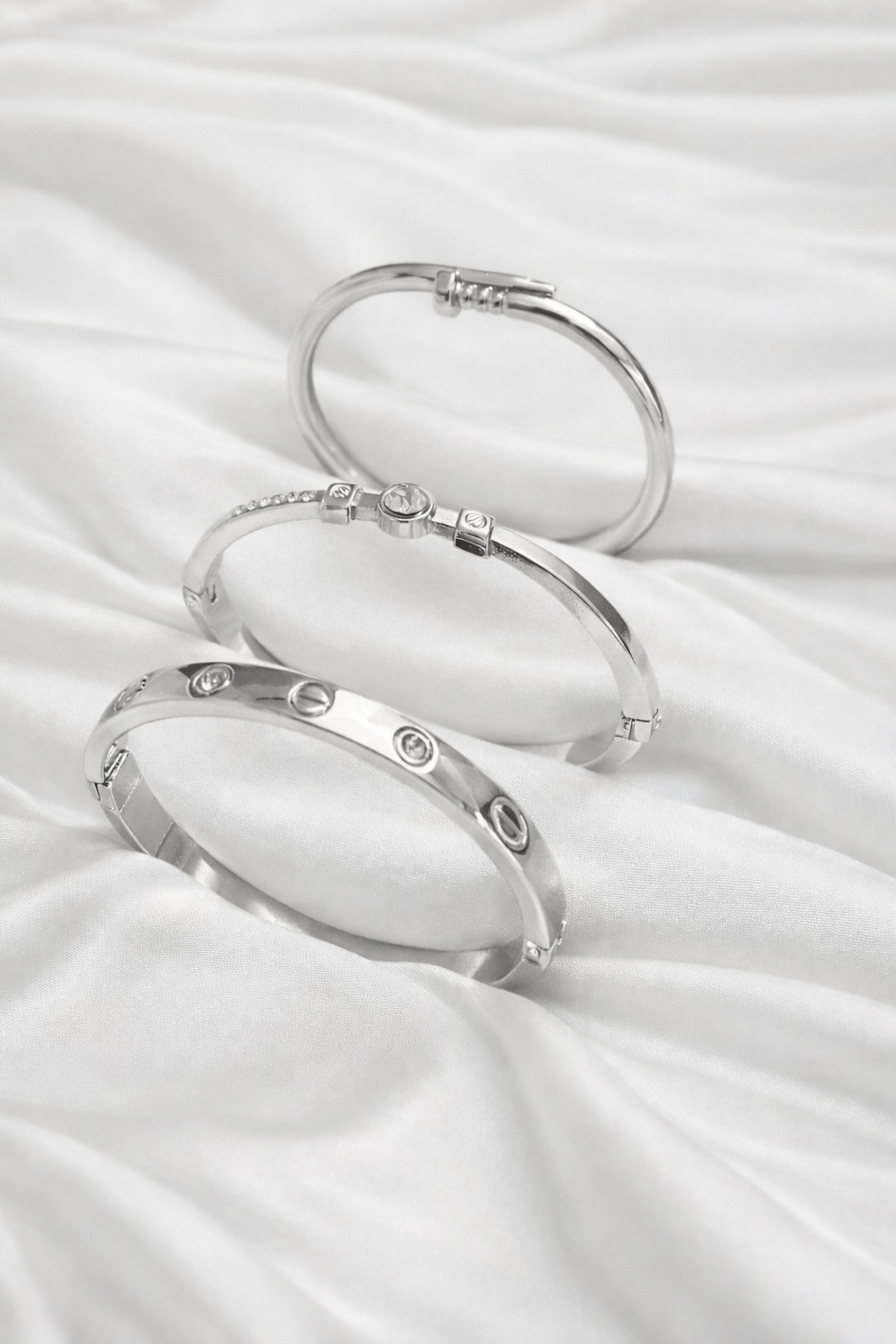 Stone Detailed Silver Color 3-Piece Clamp Bracelet Combination