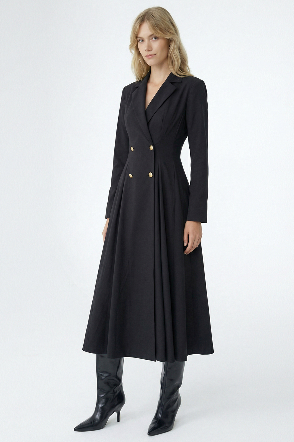 Exquise  Gold Düğme Detaylı Kruvaze Dokuma Midi Blazer Elbise - Görsel 4