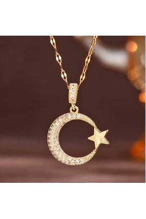 alias takı Zirkon Taşlı Ay Yıldız Kolye | Altın Renk Çelik Kadın Kolye