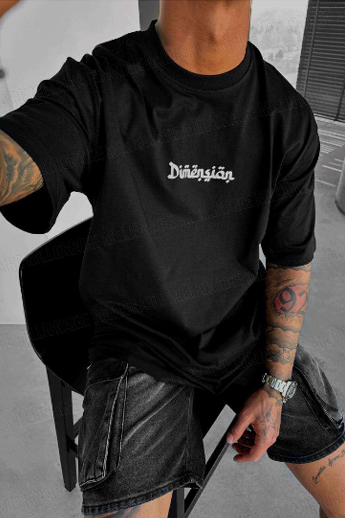 Teenage Millionaire  Erkek Dimension Kabaran Baskılı Siyah Bisiklet Yaka Oversize Salaş T-shirt - Görsel 3