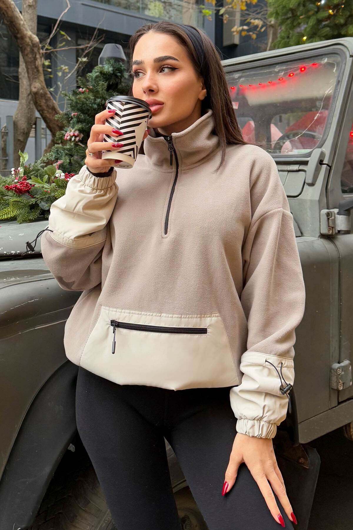 Dark Beige Shirred Hem Half Zippered Oversize Women's Fleece Sweatshirt - 97238
