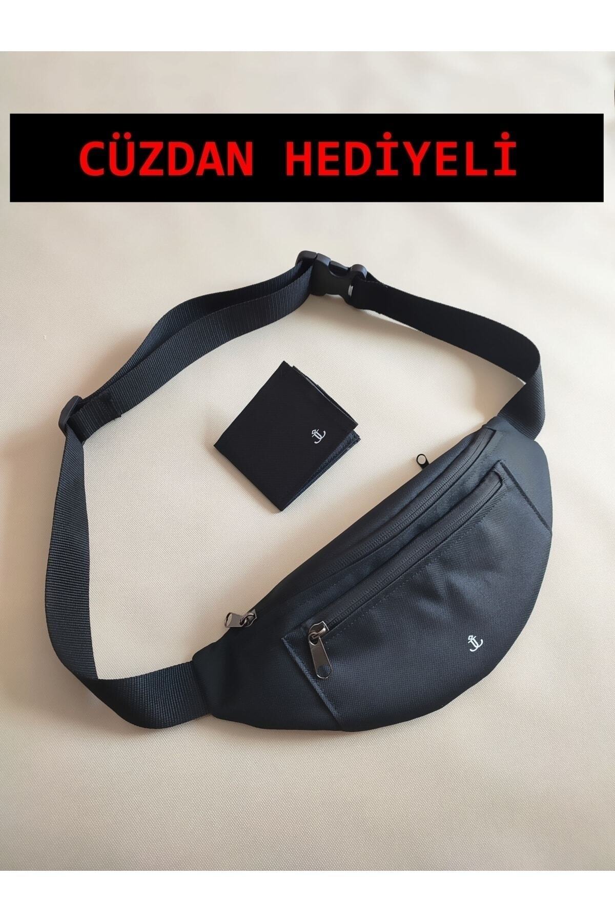 JANJAN Unisex Siyah 3 Gözlü Omuz Ve Bel Çantası Cüzdan Hediyeli