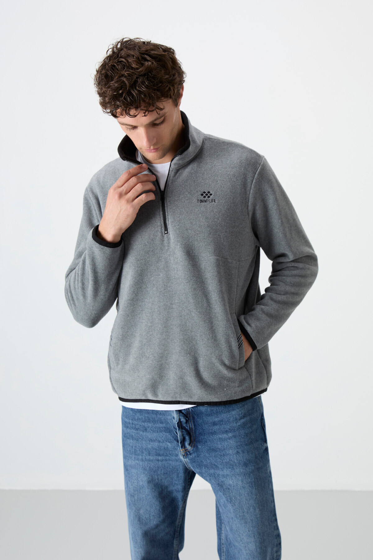 TOMMY LIFE Gri Melanj Yarım Fermuarlı Sweatshirt Slim Fit Dik Yaka Erkek Polar - 87891 görsel 3