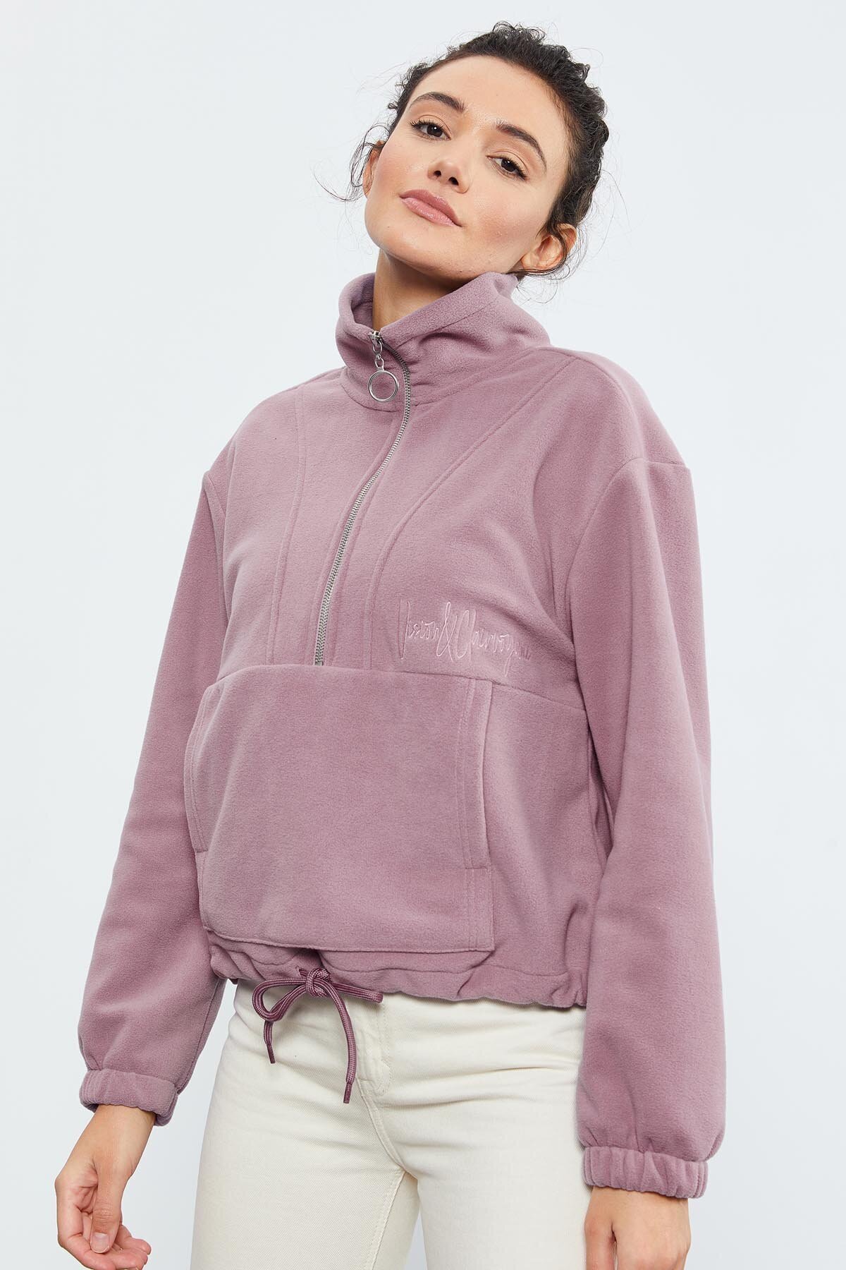 TOMMY LIFE Gül Kurusu Yarım Fermuar Etek Ucu Büzgülü Kadın Polar Standart Kalıp Sweatshirt - 97171 görsel 3