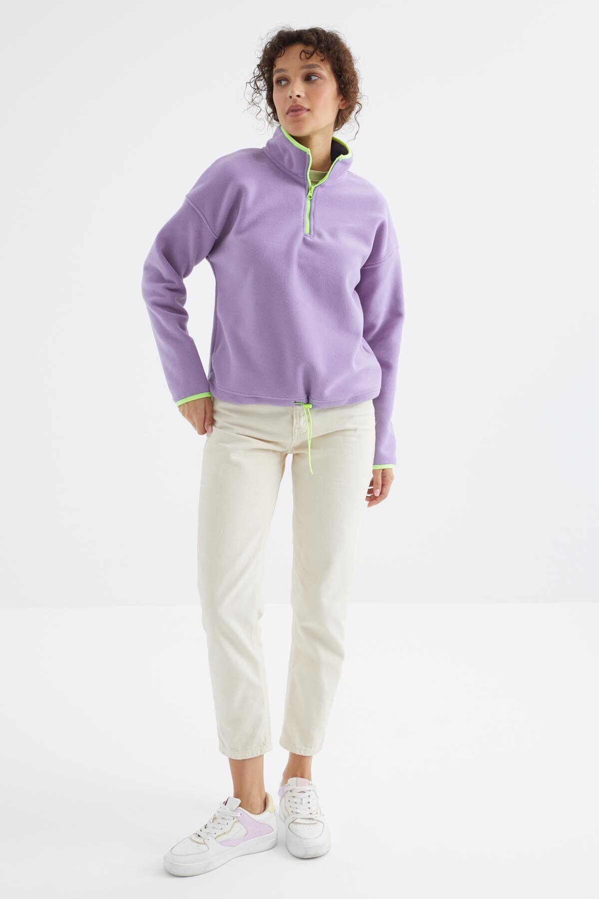 TOMMY LIFE Açık Eflatun Yarım Fermuar Etek Ucu Büzgülü Dik Yaka Standart Kalıp Kadın Polar Sweatshirt - 97234 görsel 2