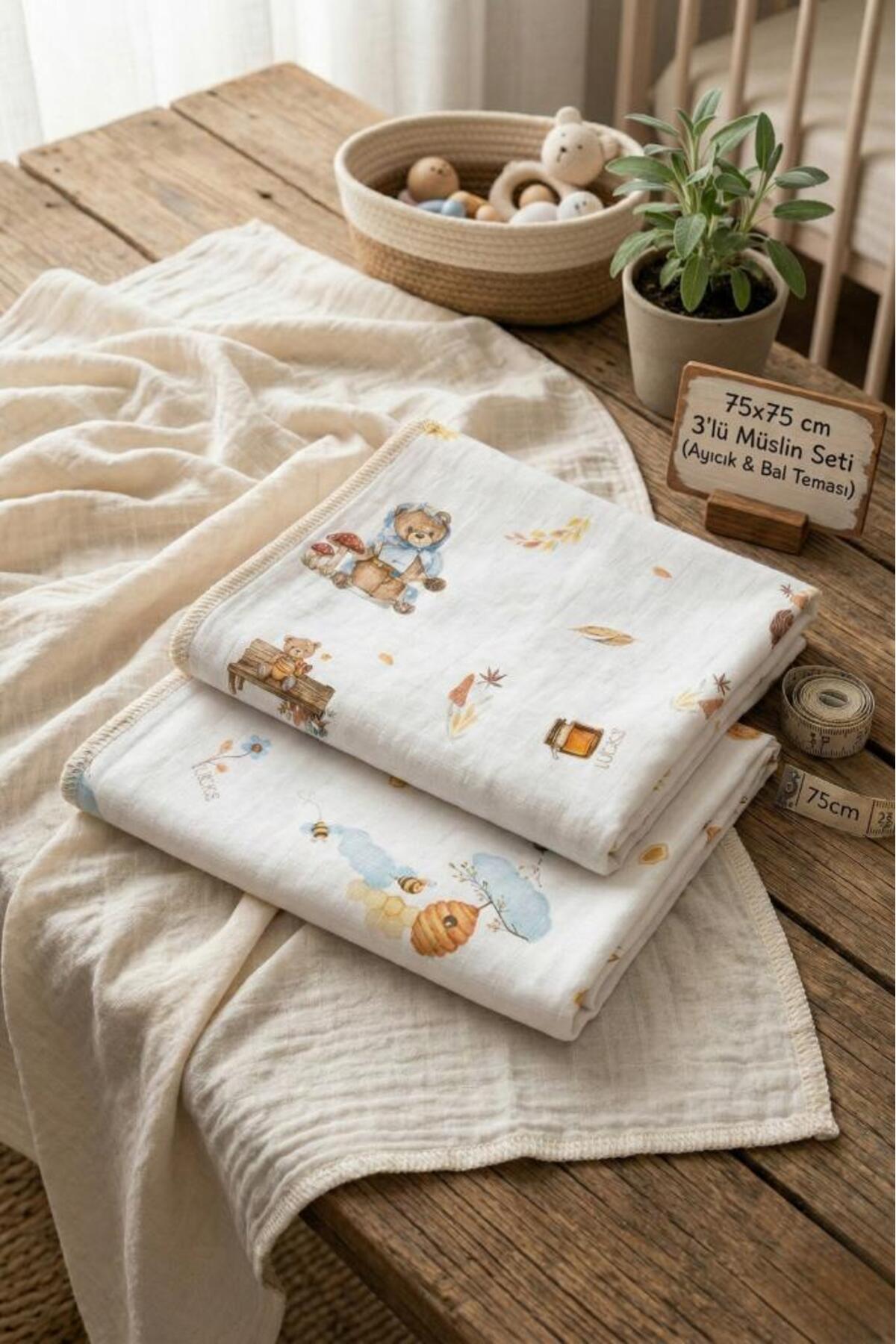 LUCKKA Little Organic's | 3’lü %100 Organik Pamuk Müslin Örtü - Battaniye Seti 75x80 cm | Oeko-tex | Gots - fotoğrafı 2 (önizleme)