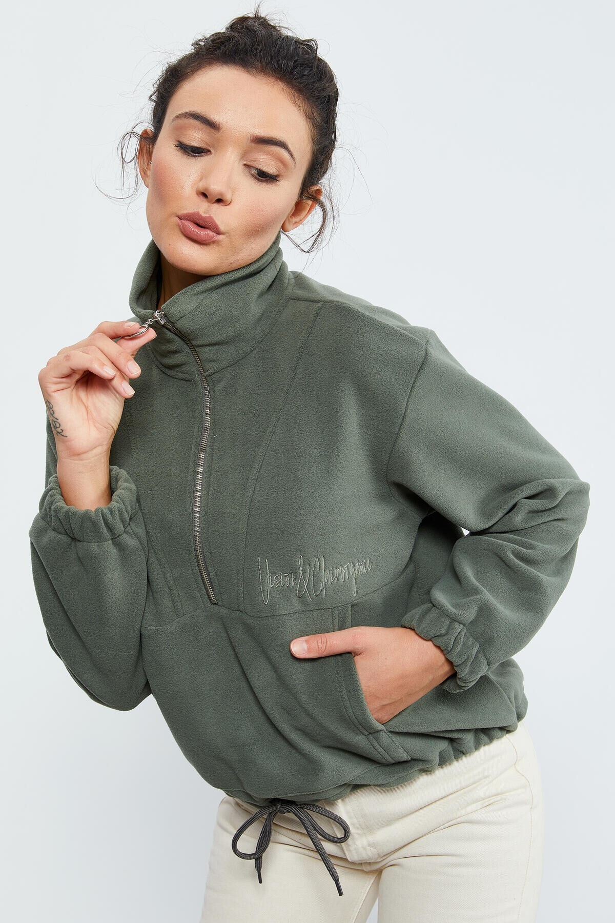 TOMMY LIFE Çağla Yarım Fermuar Etek Ucu Büzgülü Kadın Polar Standart Kalıp Sweatshirt - 97171 görsel 5