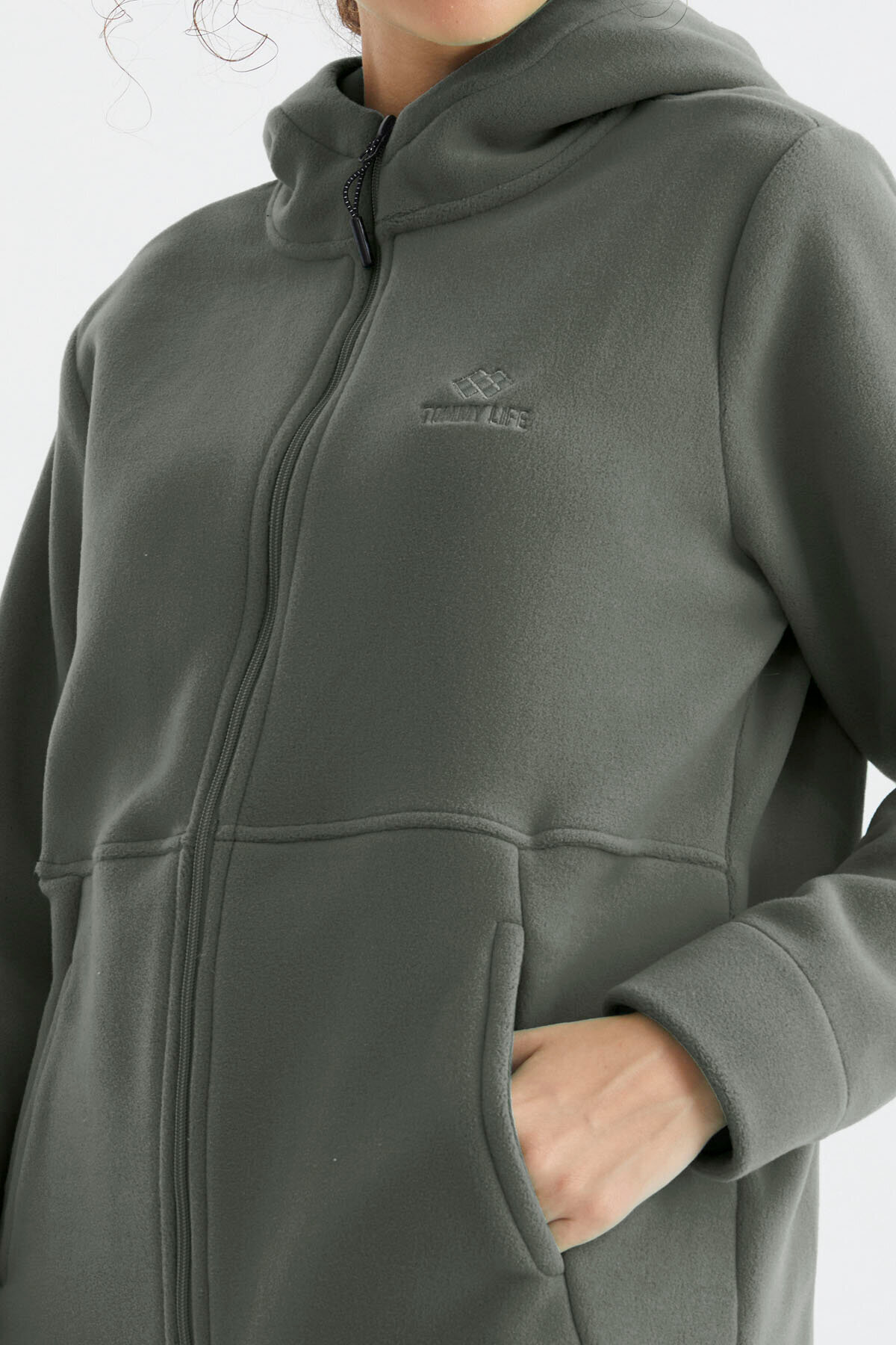 TOMMY LIFE  Çağla Kapüşonlu Fermuarlı Rahat Form Kadın Polar Sweatshirt - 97233 - Görsel 5