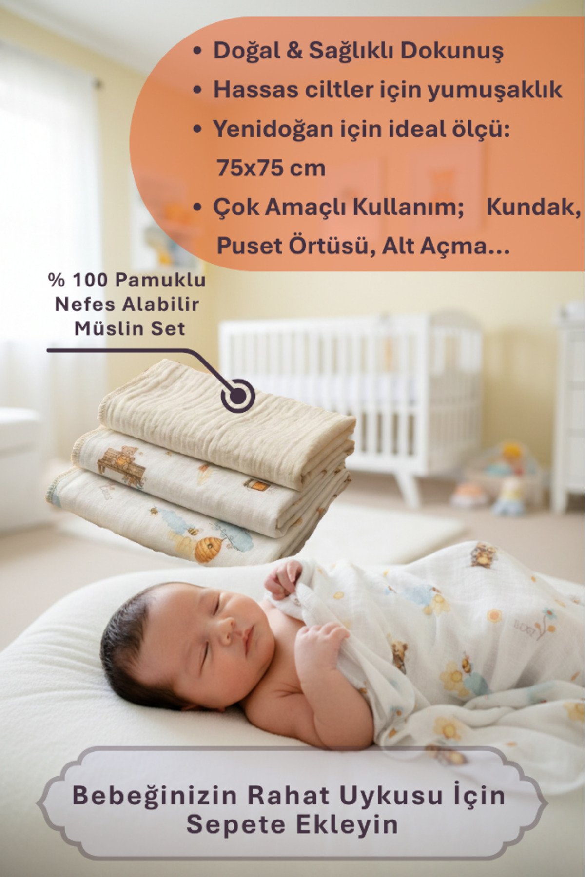 LUCKKA Little Organic's | 3’lü %100 Organik Pamuk Müslin Örtü - Battaniye Seti 75x80 cm | Oeko-tex | Gots - fotoğrafı 7 (önizleme)