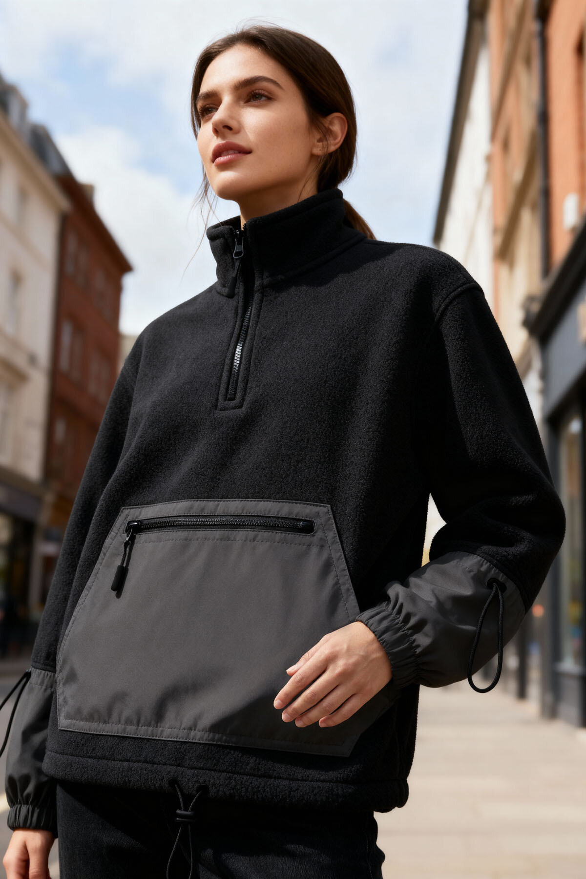 TOMMY LIFE  Siyah Etek Ucu Büzgülü Yarım Fermuarlı Oversize Kadın Polar Sweatshirt - 97238