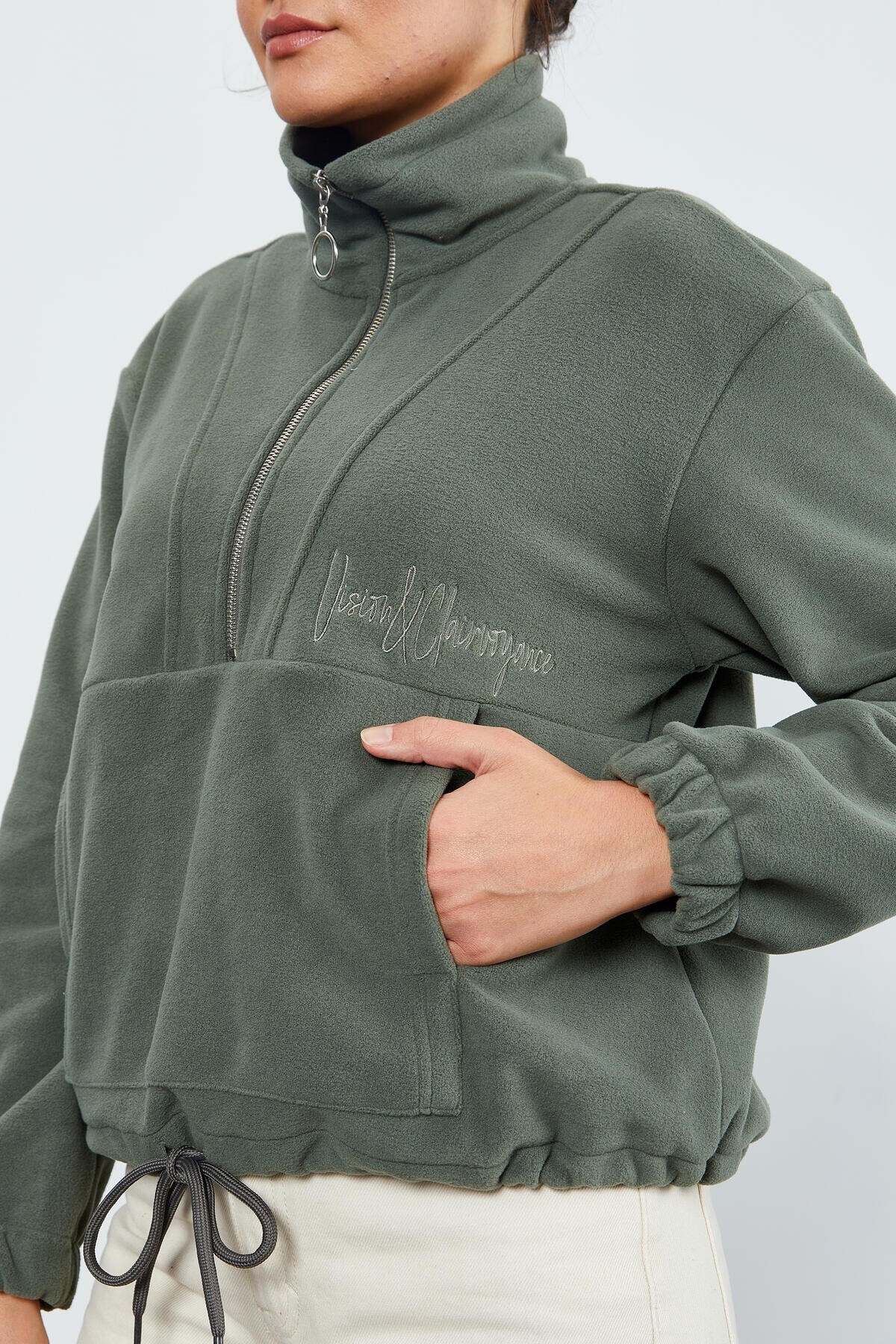 TOMMY LIFE Çağla Yarım Fermuar Etek Ucu Büzgülü Kadın Polar Standart Kalıp Sweatshirt - 97171 görsel 8