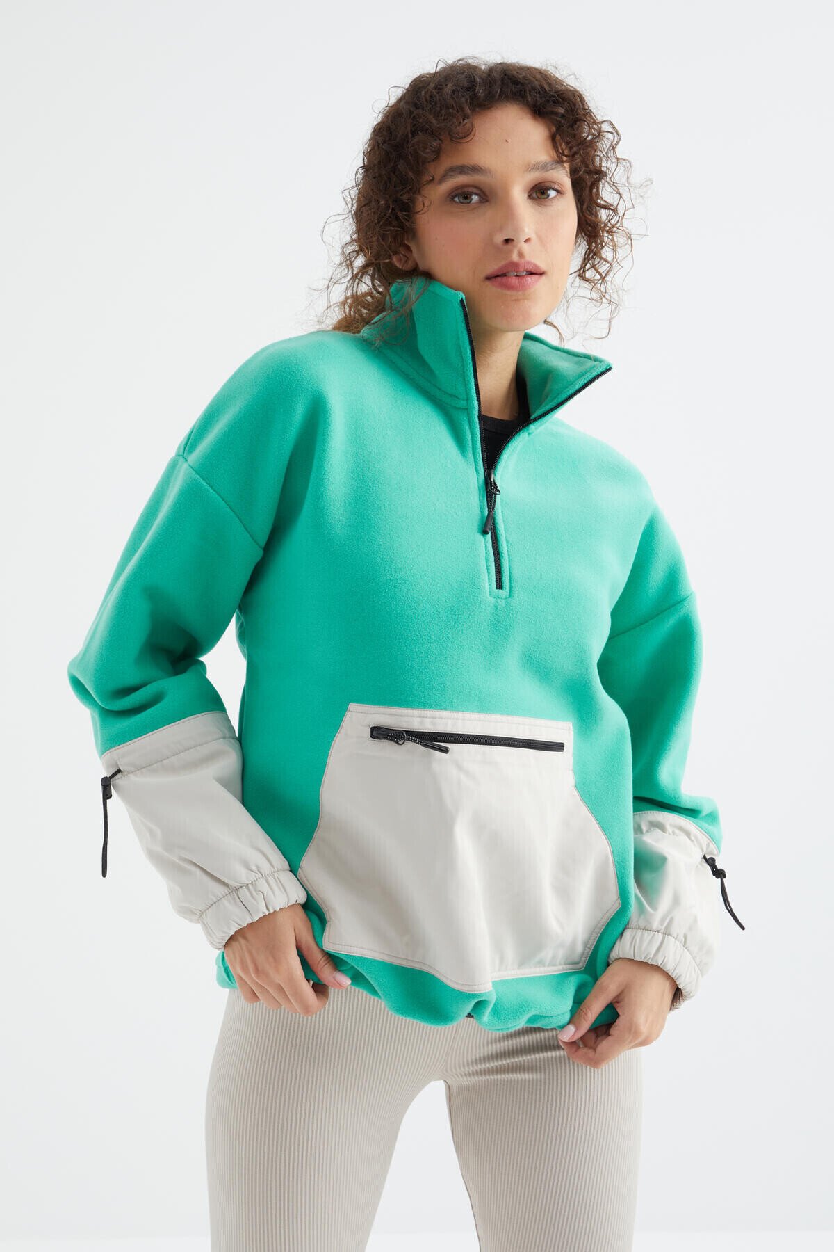 Sea Green Shirred Hem Half Zippered Oversize Women's Fleece Sweatshirt - 97238