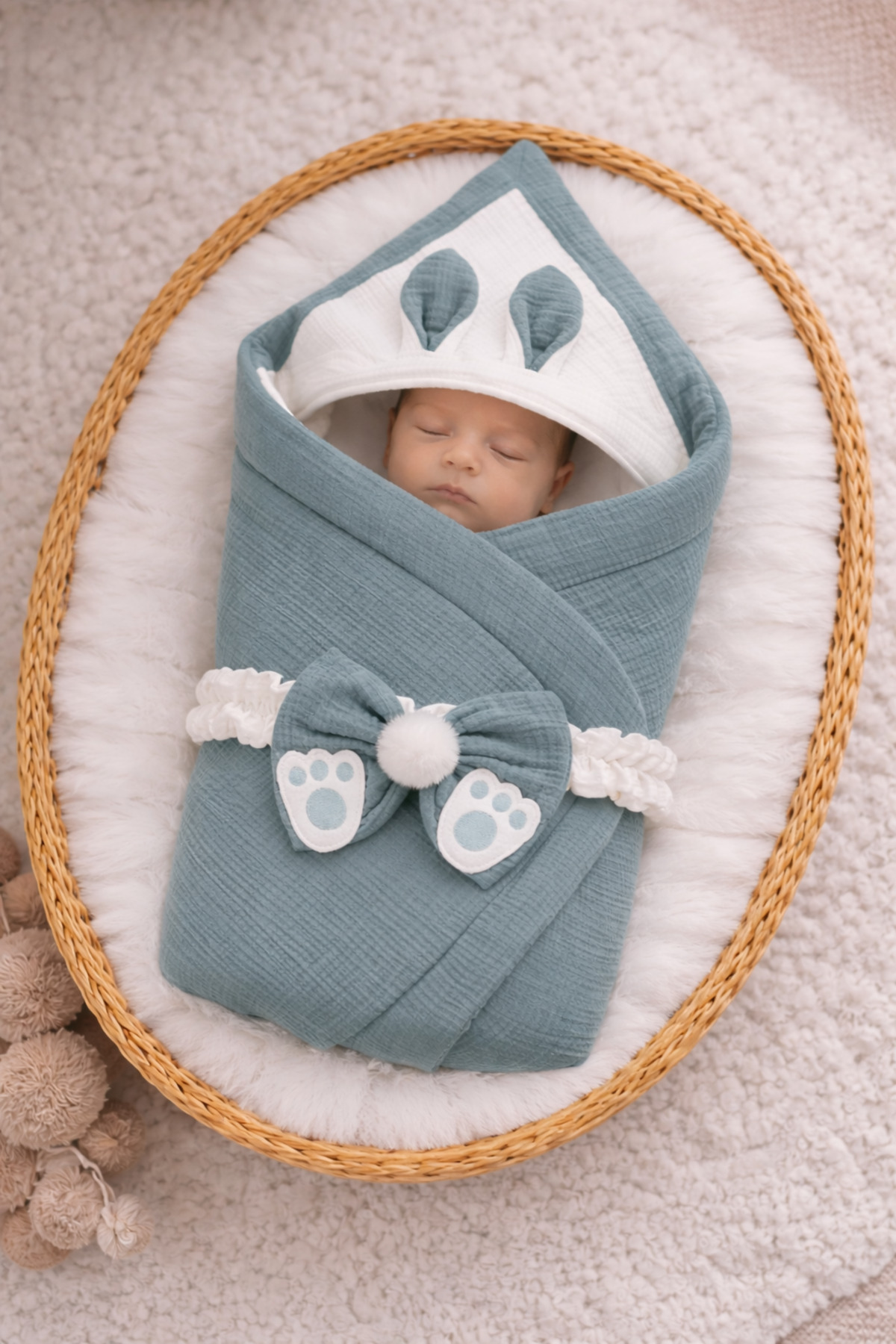 Tomuycuk 4 Kat Müslin Yeşil Bebek Battaniyesi %100 Pamuklu Doğal Organik Uyku Kundağı Hastane Çıkışı fotoğrafı 2 (önizleme)