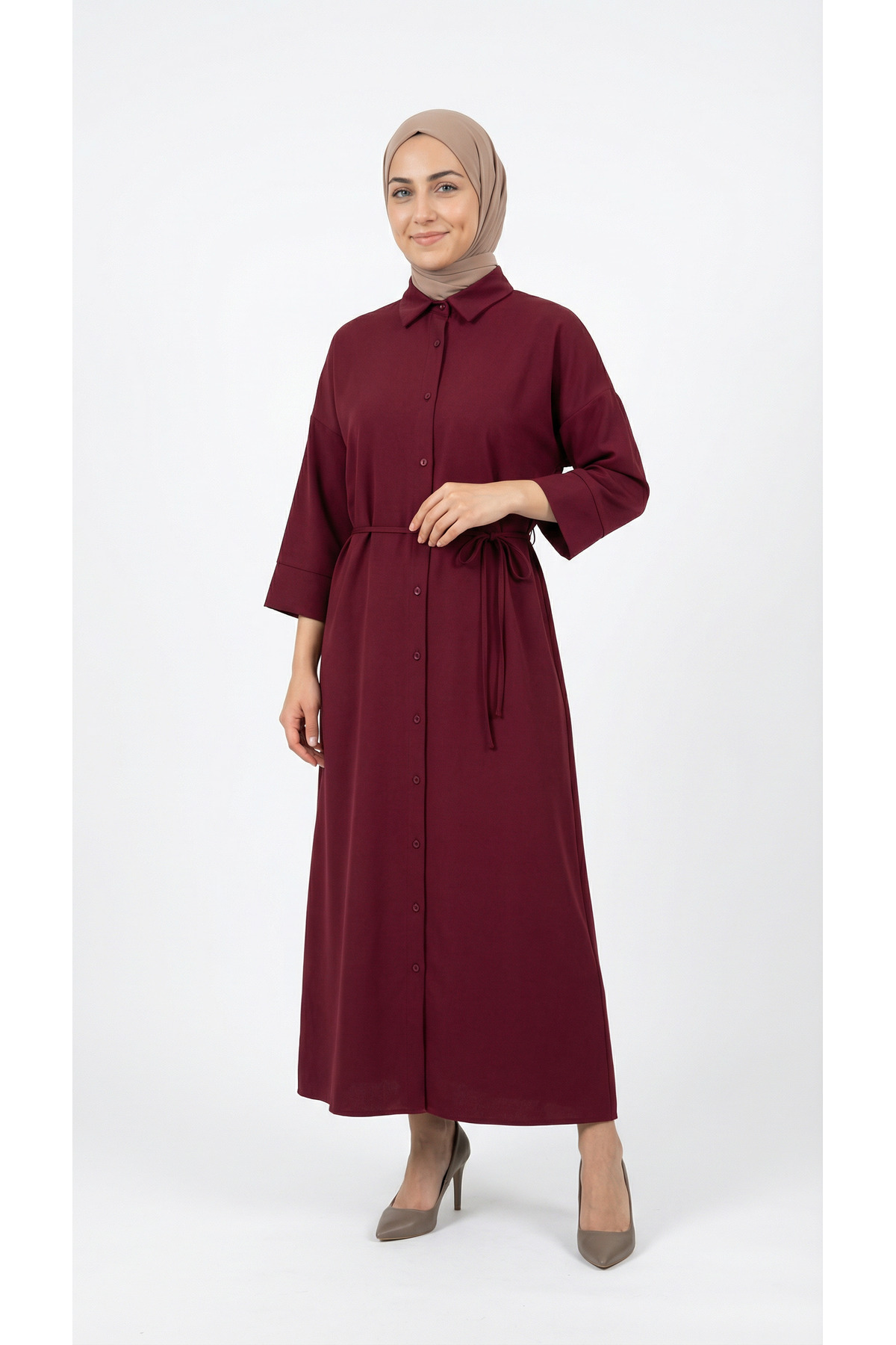 Nesrin Fake Cuff Dabıl Dress-TN017 Burgundy