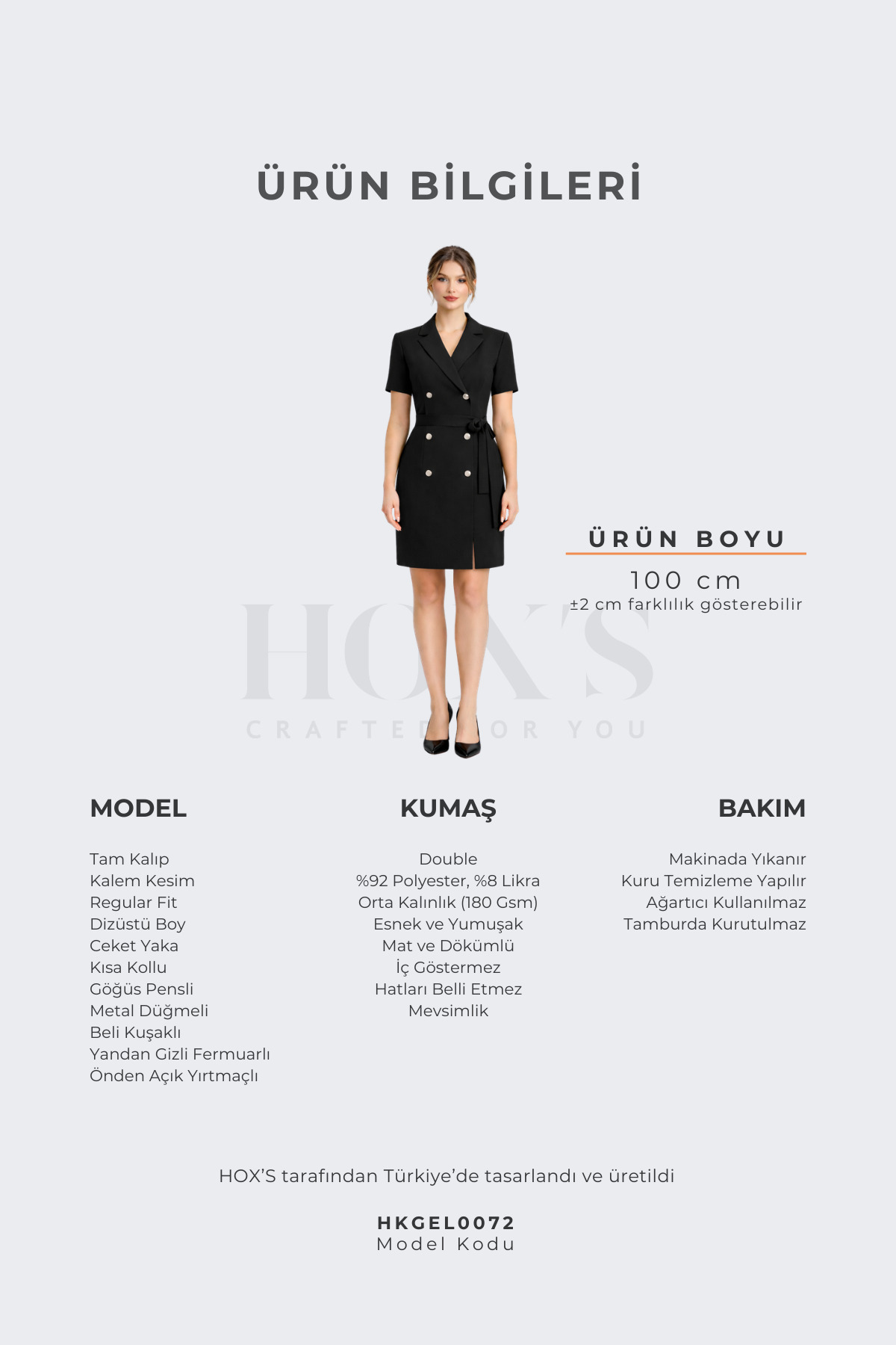 HOX'S  Angela | Kısa Kollu Düğme Detaylı Kuşaklı Ceket Elbise - Siyah - Görsel 3