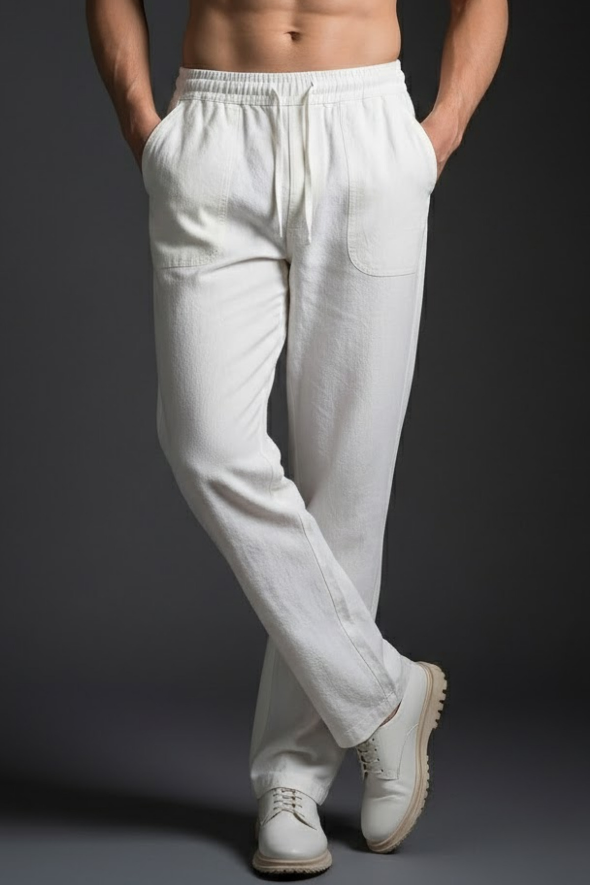 COMBİNE MİCHAİL  Erkek Salaş Bol Paça Beyaz Keten Pantolon - Görsel 5