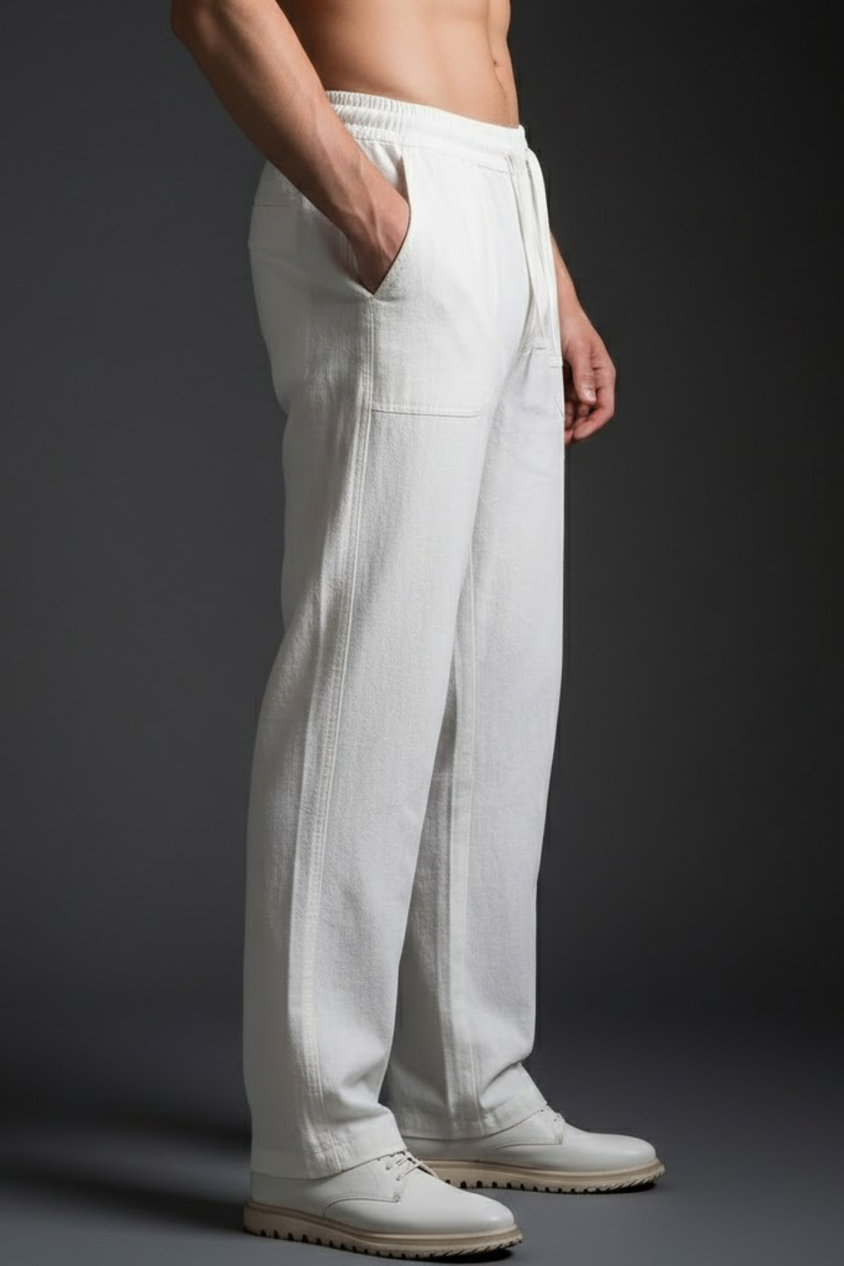 COMBİNE MİCHAİL  Erkek Salaş Bol Paça Beyaz Keten Pantolon - Görsel 2
