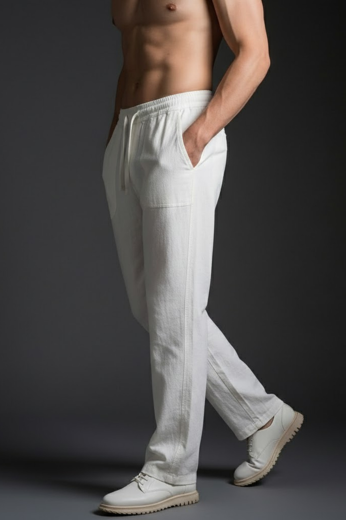 COMBİNE MİCHAİL  Erkek Salaş Bol Paça Beyaz Keten Pantolon - Görsel 4