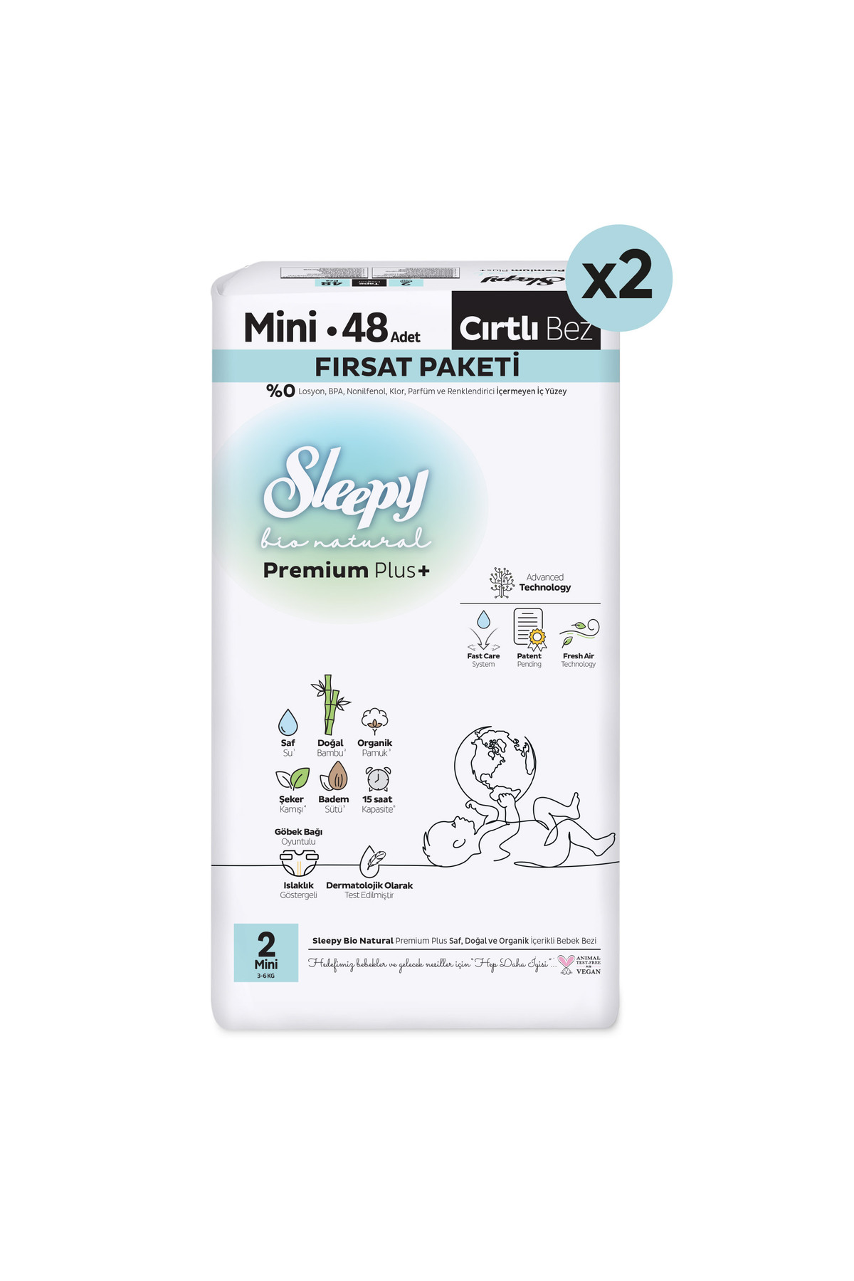 Sleepy Bio Natural Premium Plus Fırsat Paketi Bebek Bezi 2 Numara Mini 96 Adet fotoğrafı 2 (önizleme)
