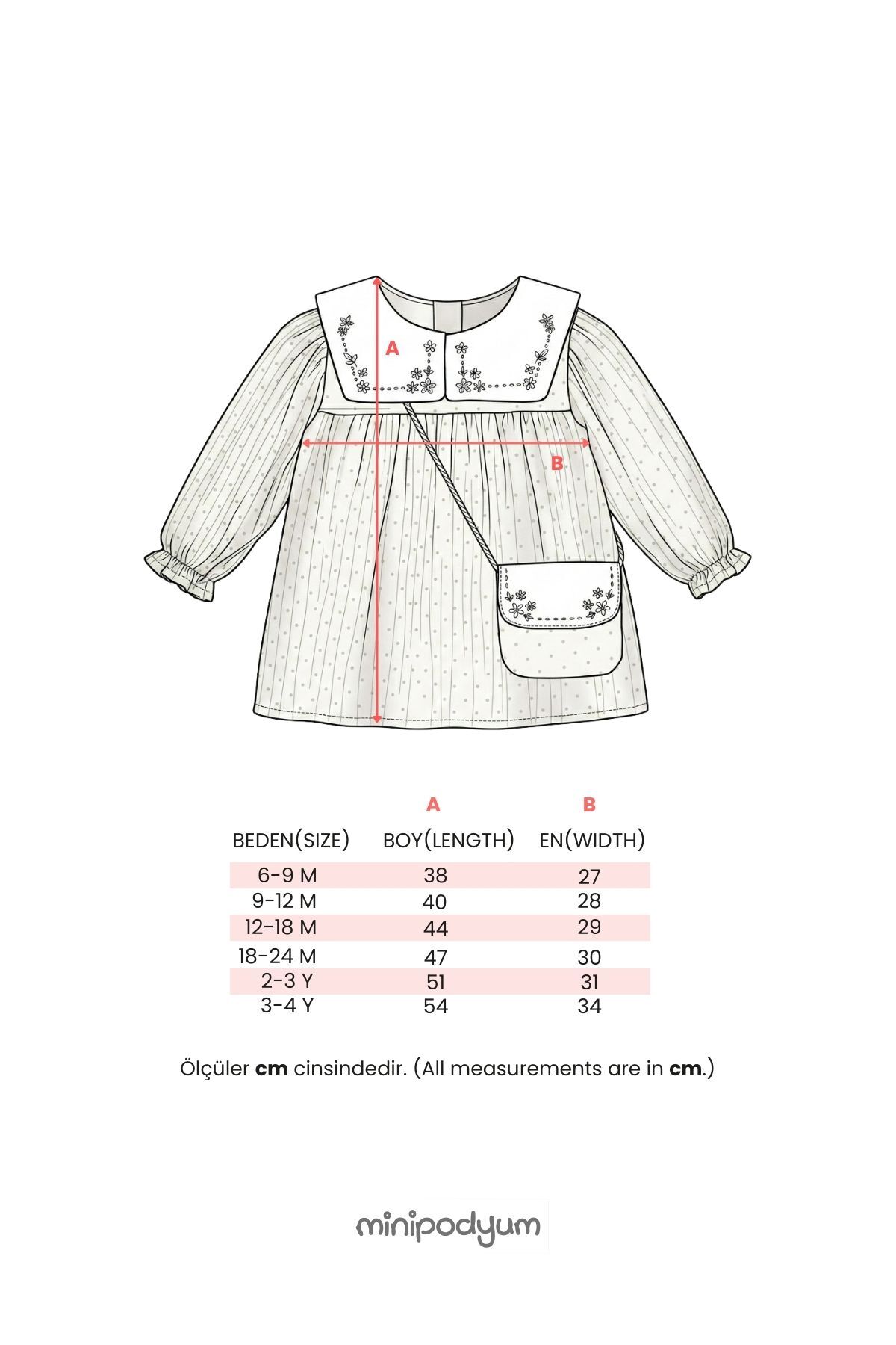Minipodyum Kız Bebek Nakışlı Bebe Yaka Müslin %100 Pamuk Çantalı Bayramlık Elbise fotoğrafı 4 (önizleme)